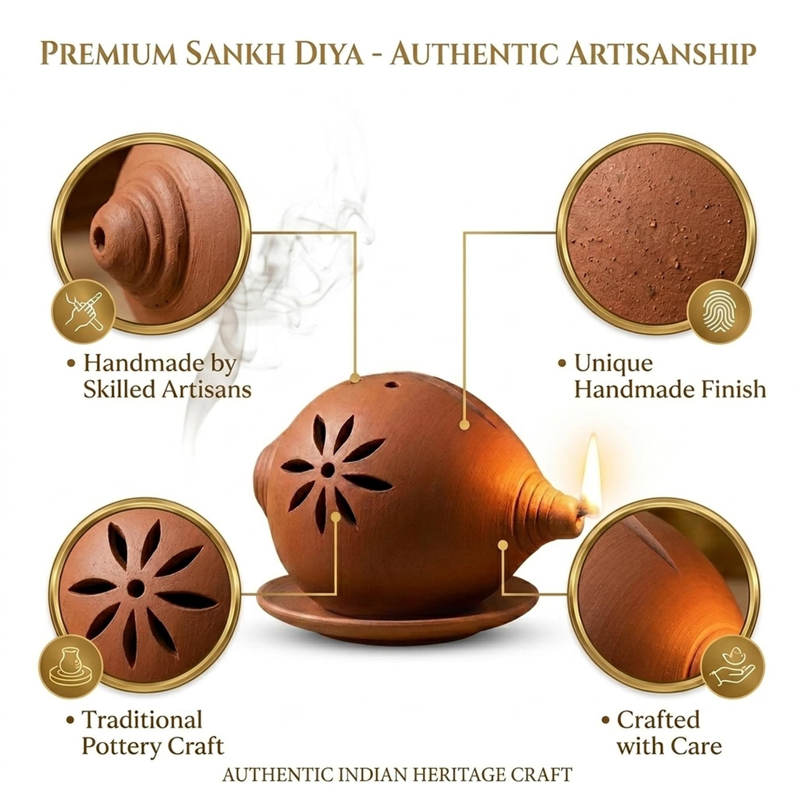 Red Clay Shankh Diya | Terracotta Earthen Oil Lamp for Pooja | Mitti Diya for Pooja | Aromatherapy Diffuser | Mitti Pooja Deepak| Clayshilp - Image 4