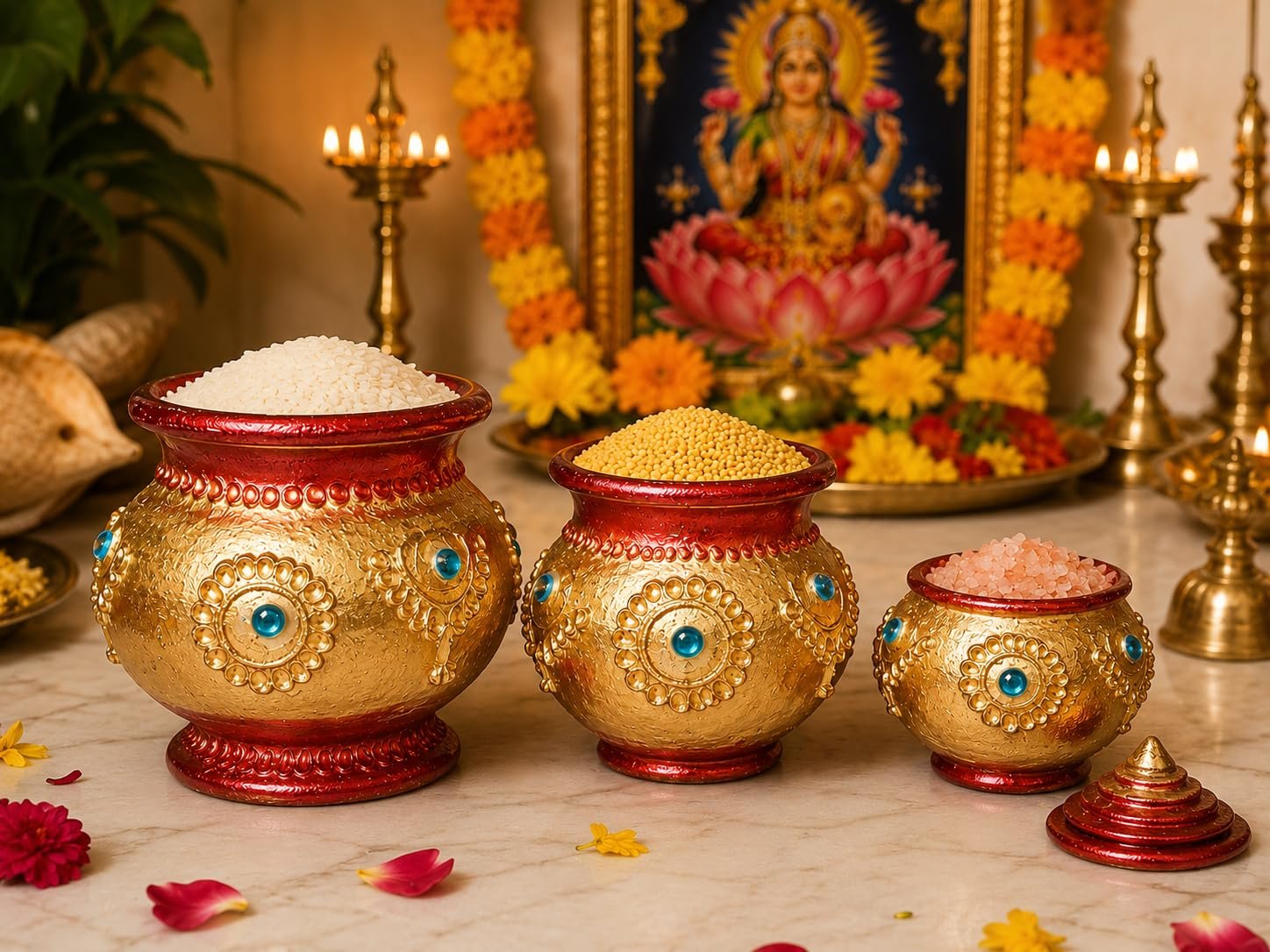 Terracotta Handpainted Divine Clay Kubera Lakshmi Pot Set with Lid | Set of 3 Handmade Terracotta Kubera Paanai | Clay Kubera Pot for Lakshmi Kubera Puja, Pooja Room, Home Temple Decor - Image 2