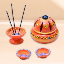 Potter’s Magic Clay Dhoopam Holder, Incense Holder with Diya 2 Nos Hand Painted | Teracotta Dhoop Dhani/Sambrani, Agarbhathi Holder | House Warming Gifts | Pooja Room Decoration Items (Orange)