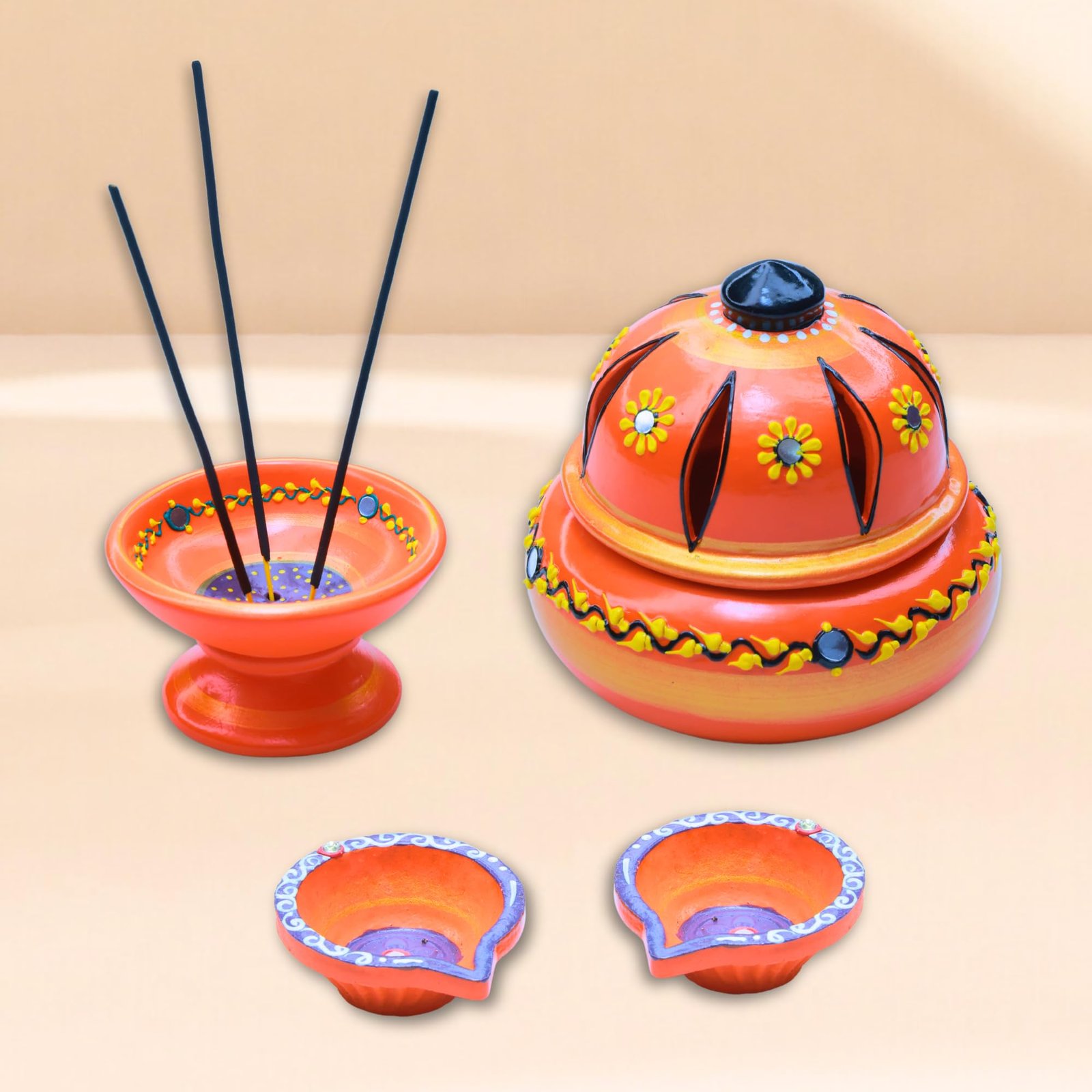 Potter’s Magic Clay Dhoopam Holder, Incense Holder with Diya 2 Nos Hand Painted | Teracotta Dhoop Dhani/Sambrani, Agarbhathi Holder | House Warming Gifts | Pooja Room Decoration Items (Orange)