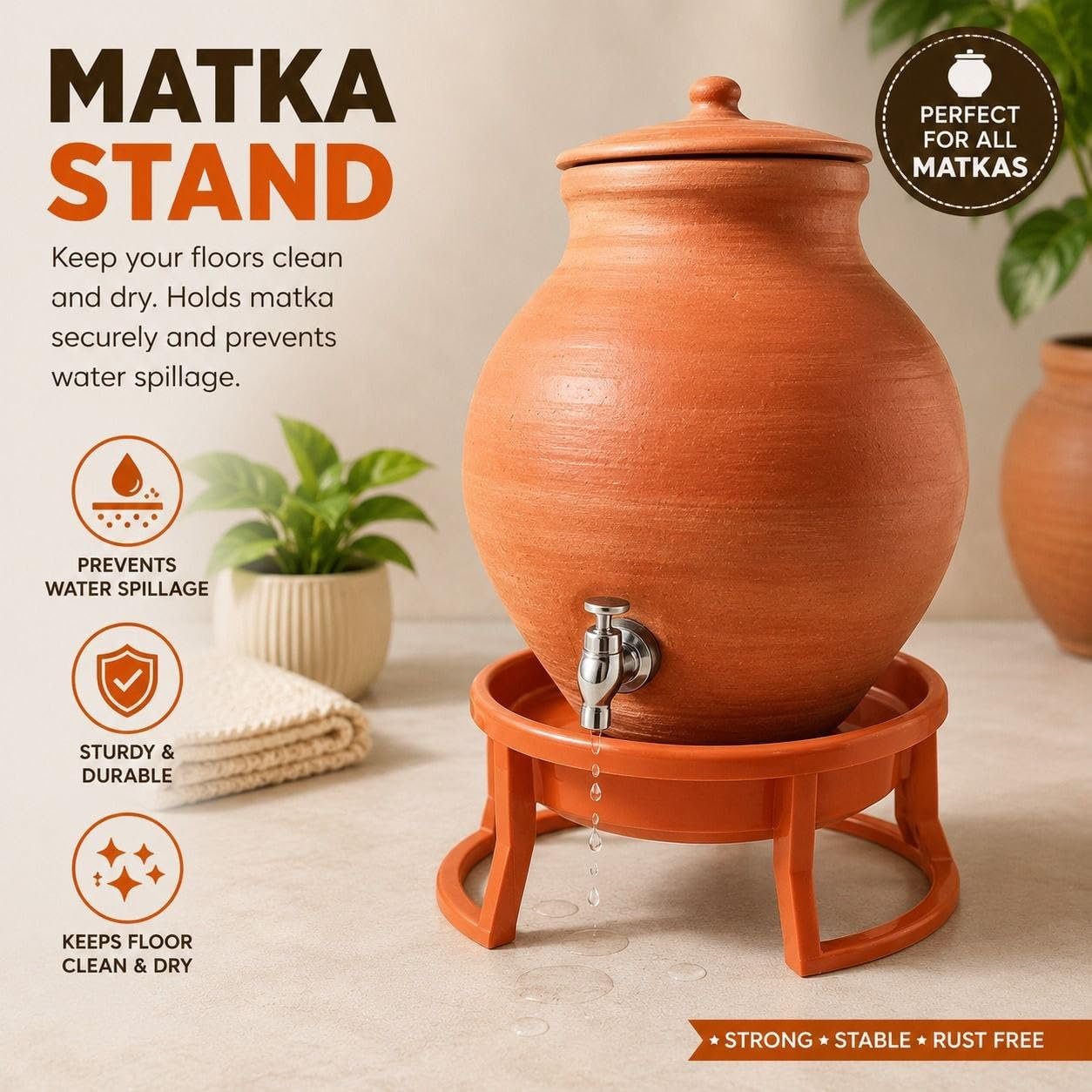 Matka Stand for Water Pot, Floor Standing Matka Holder with Stable Base, Decorative Earthen Pot Stand for Home Kitchen Office, Traditional Water Matka Support Stand, Strong Durable Design for Indian Clay Pot Storage and Serving - Image 5