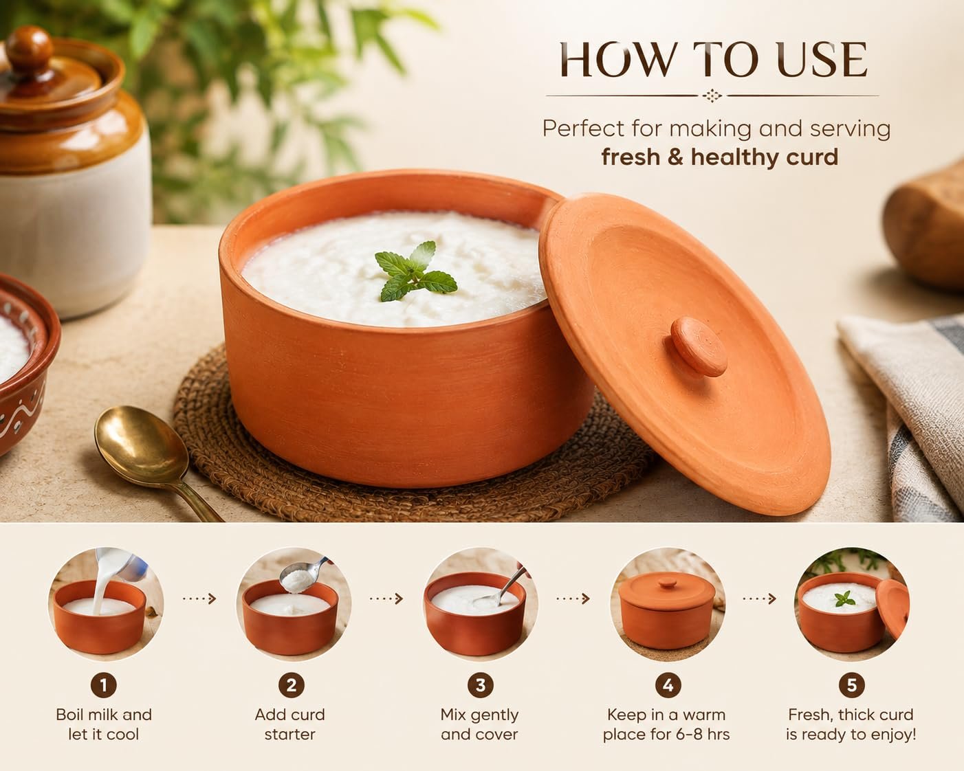 Desi Potters Handmade Flat Dhai Handi Natural Clay Curd Pot | Traditional Unglazed Terracotta Yogurt Maker | Earthen Mitti Bowl for Setting Curd, Serving, Fermentation & Kitchen Use - Image 4
