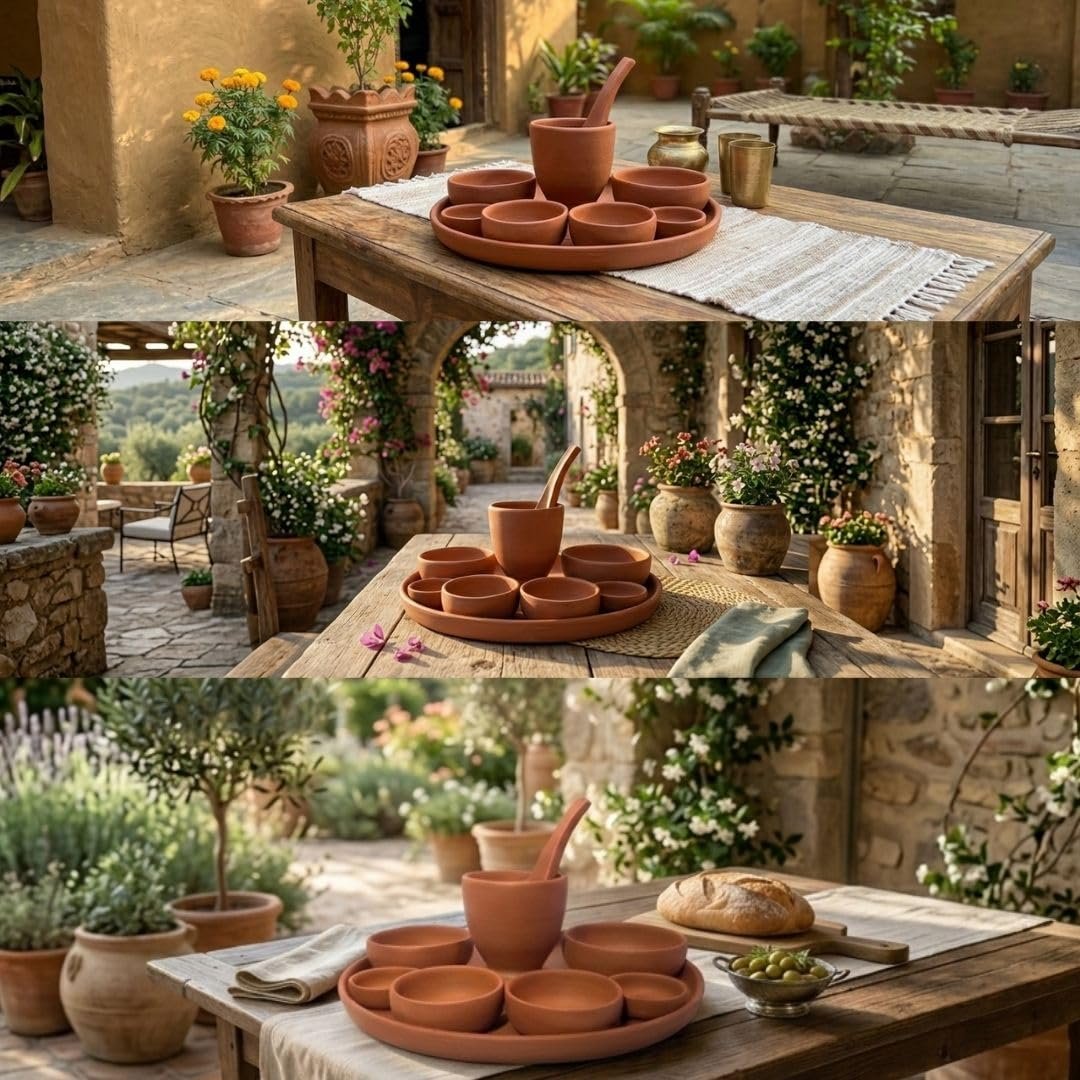 Terra Charms Handcrafted Clay Dinner Set – 9 Pcs Natural Terracotta Dining Set for Home, Authentic Lead-Free Clay Plates & Bowls for Healthy Traditional Dining, Heat-Resistant & Earthy Finish - Image 4