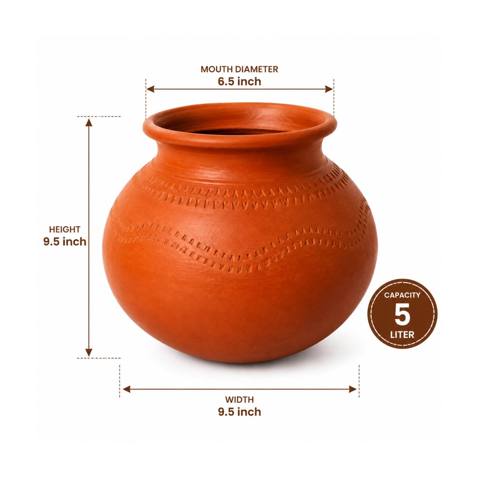 5 Litre Clay Water Pot for Drinking | Natural Earthen Matka | Keeps Water Cool | Healthy Traditional Mud Pot | Eco-Friendly Terracotta Water Storage Pitcher for Home & Kitchen - Image 2