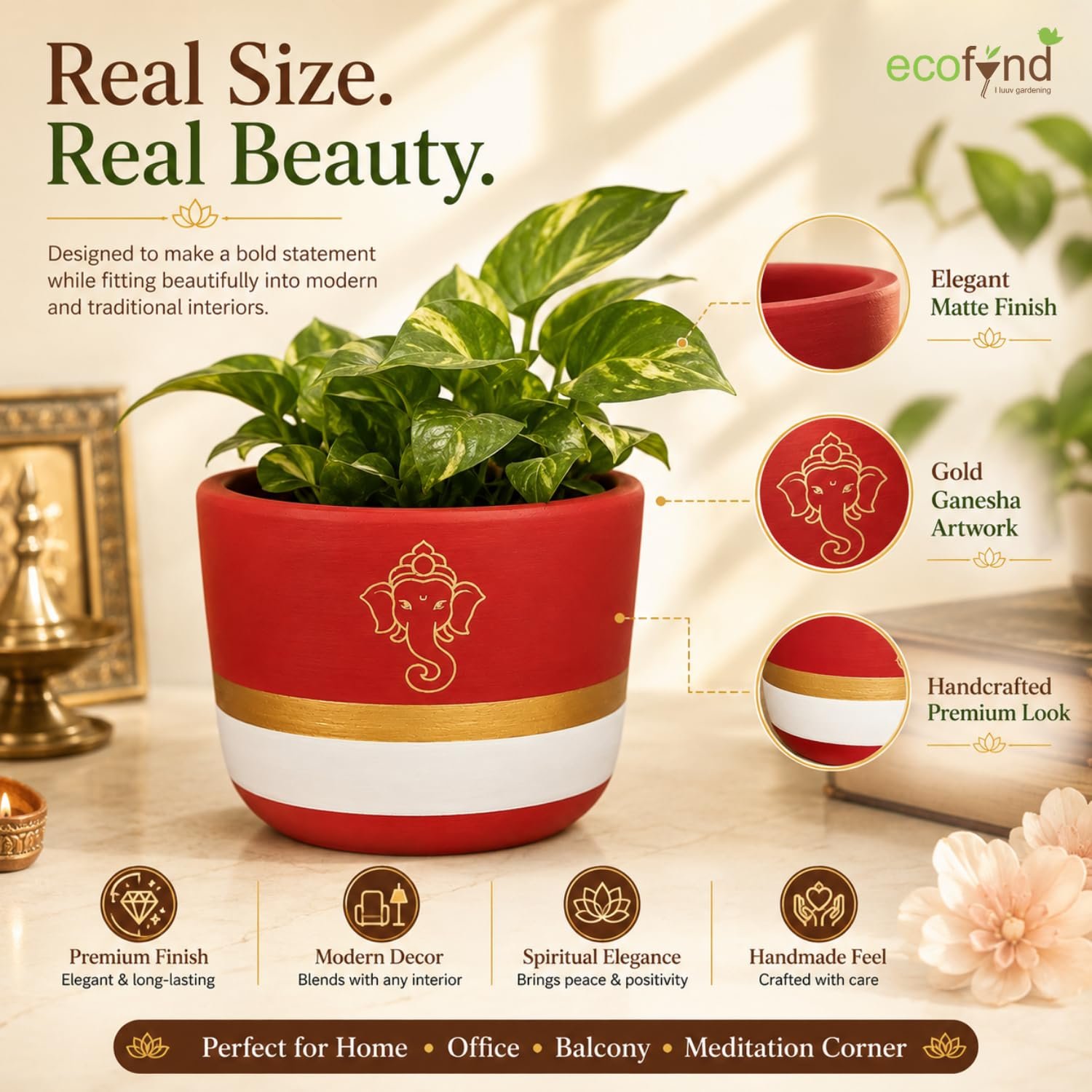 ecofynd 4.5 Inch Ganesha Symbol Terracotta Pot for Indoor & Outdoor Plants, Decorative Flower Pot for Tulsi, Succulents, Herbs, Balcony, Home Temple, Living Room & Office Decor (TPOT012-BRNWHT) - Image 4