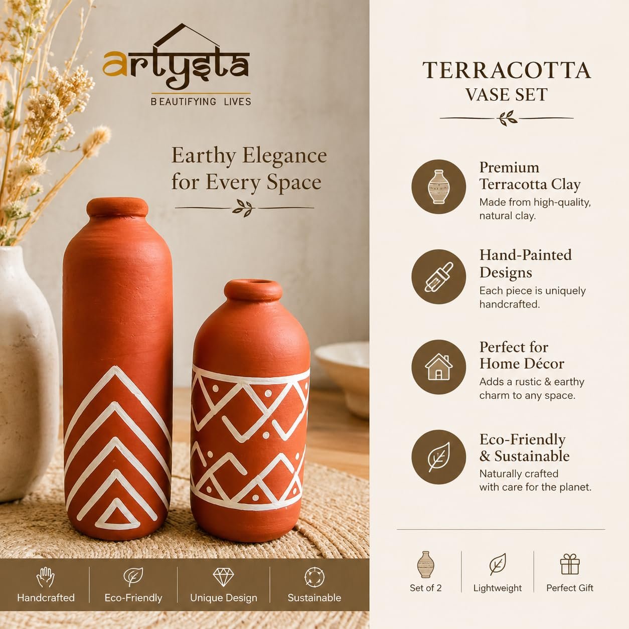 Artysta 'Ethnic Geometry' Hand Painted Terracotta Vase | Small Pot Set of 2 for Home Decor | Decorative Clay Tini Vases | Terracotta Decorative Items | Gifting Pots (15 x 4.5 cm) - Image 6