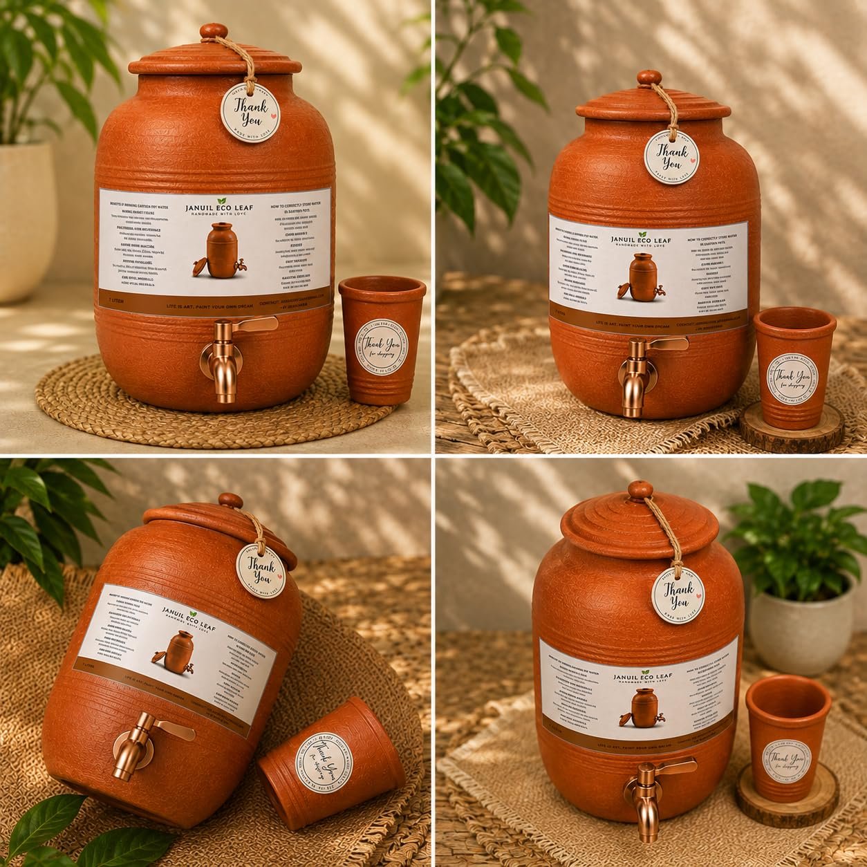 JANUIL ECO Leaf Heritage Reserve Terracotta Earthen Clay Water Pot with Glass | Promotes a Traditional Lifestyle | Handmade Using 100% Natural Terracotta Clay | Copper Tap | 7000 ML Capacity - Image 2