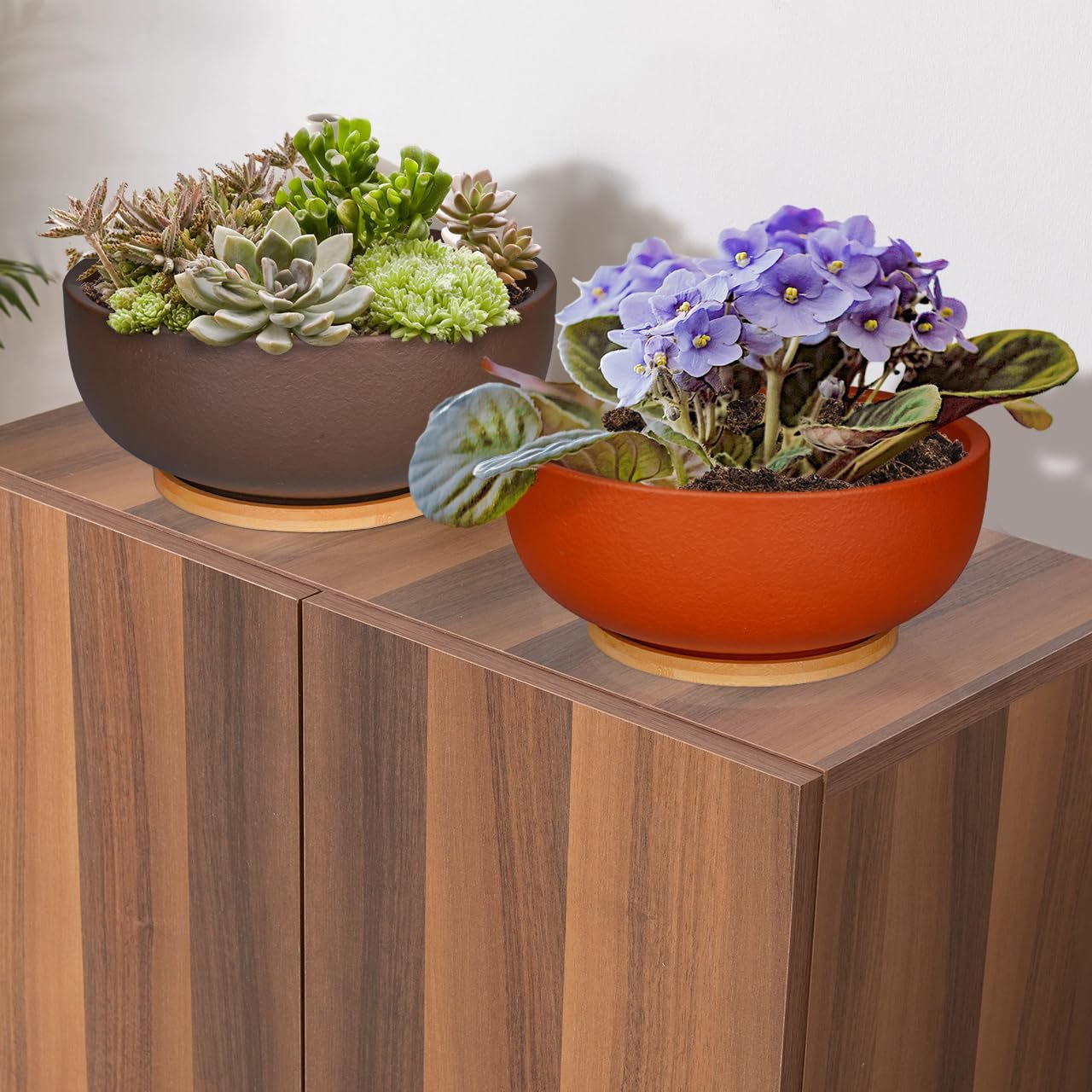 SQOWL 10 Inch Large Terracotta Planter Pot,Clay Succulent Bonsai Planter with Drainage Hole and Bamboo Saucer for Indoor Plants - Image 7