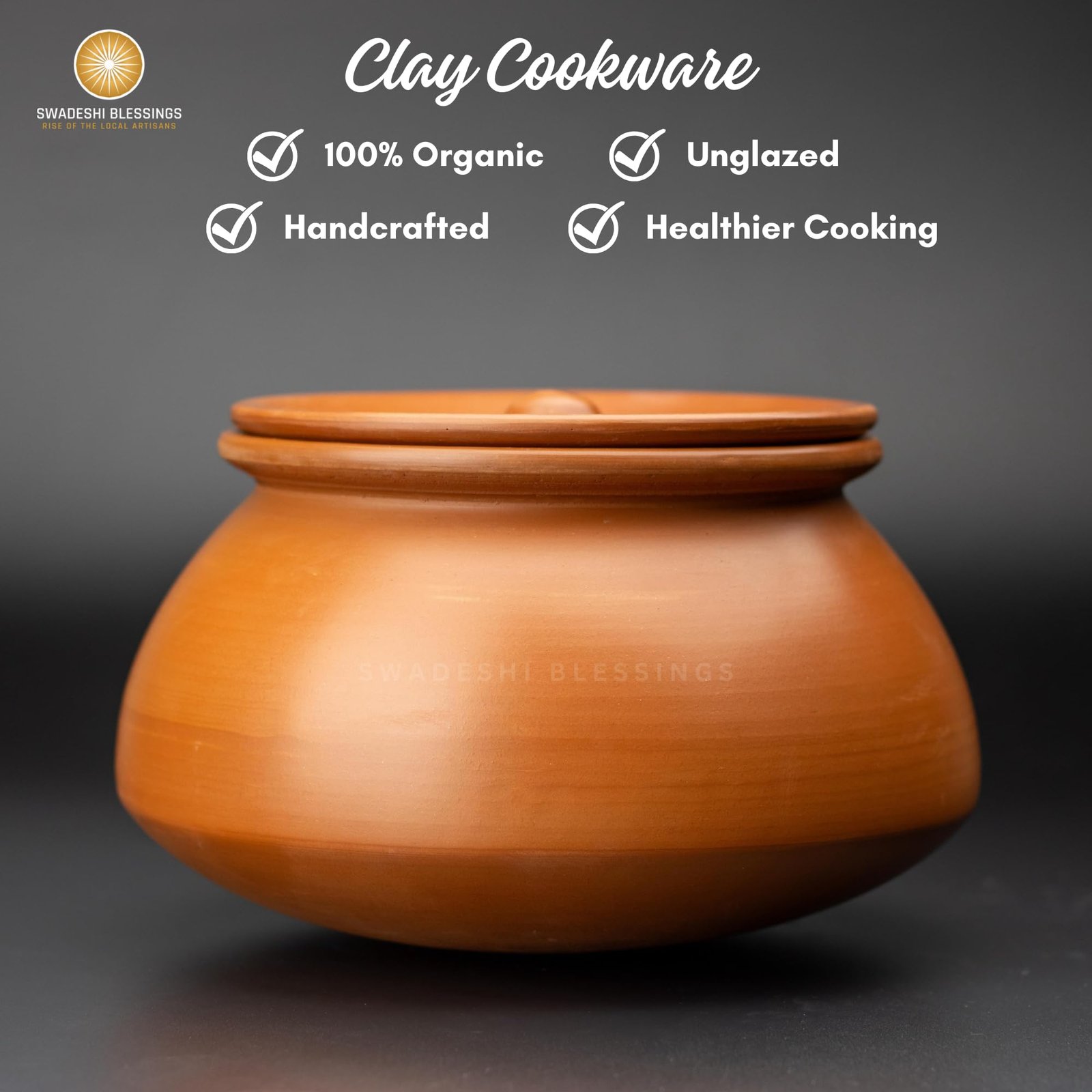 Swadeshi Blessings Exclusive Range Unglazed Mud/Earthen Handi/Mitti Ke Bartan/Clay Pot for Cooking & Serving with Lid, 3 Liters (with Mirror Shine) + Free ASH for Cleaning - Image 3