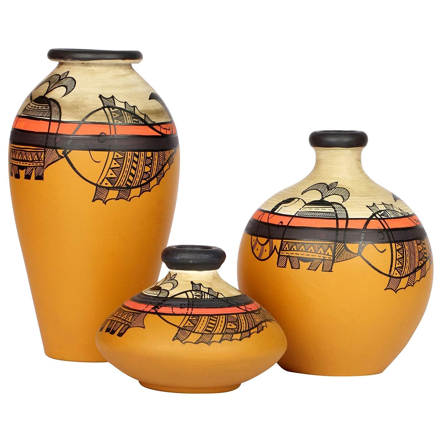 Artysta ‘Madhubani Jungle’ Yellow Handpainted Terracotta Flower Vase, Terracotta Decorative for Home Decor Earthen Flower Vases Pots for Home & Office (Set of 3) - Image 2