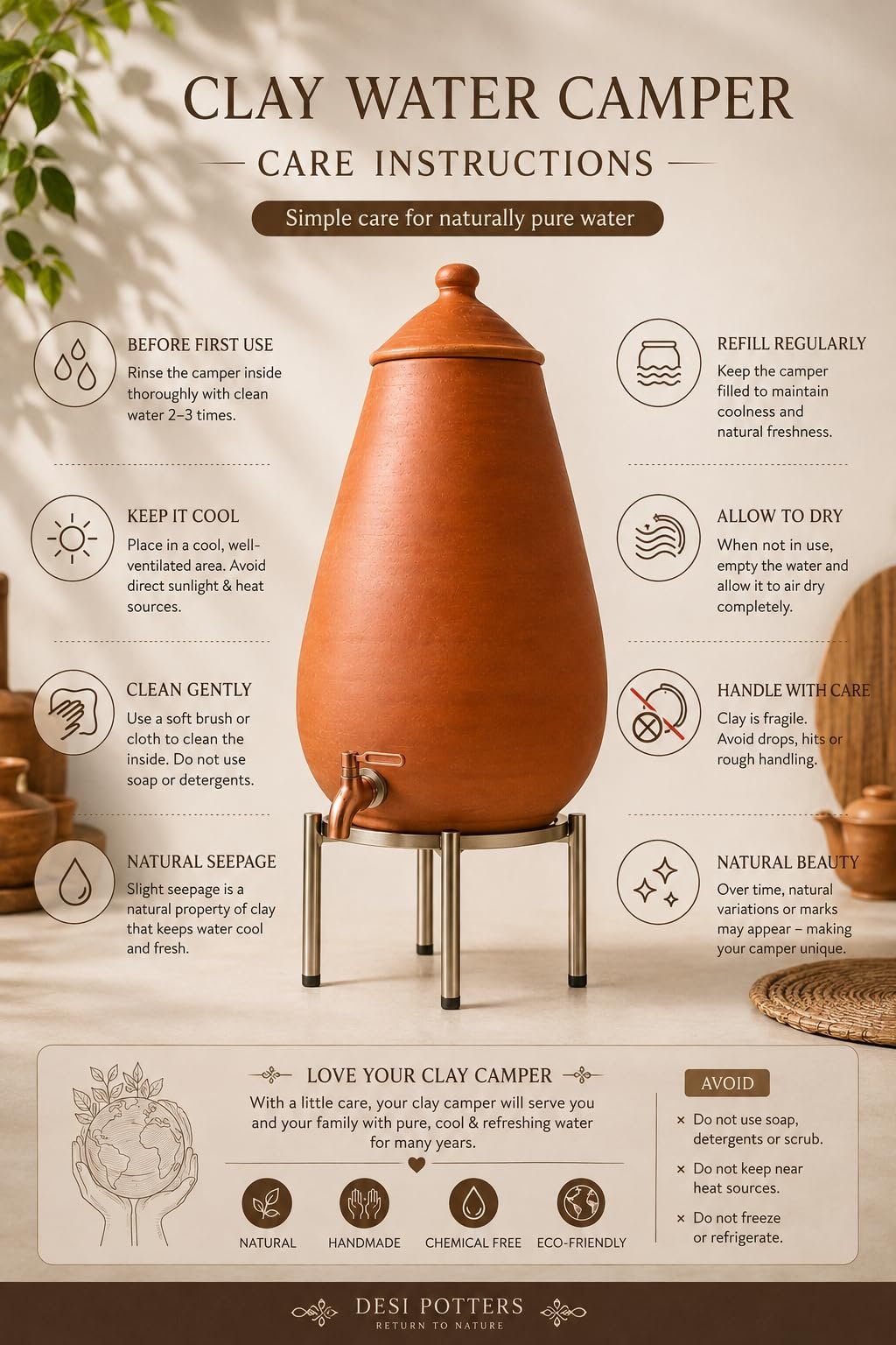 Desi Potters Oval Clay Water Camper with Tap - Image 4