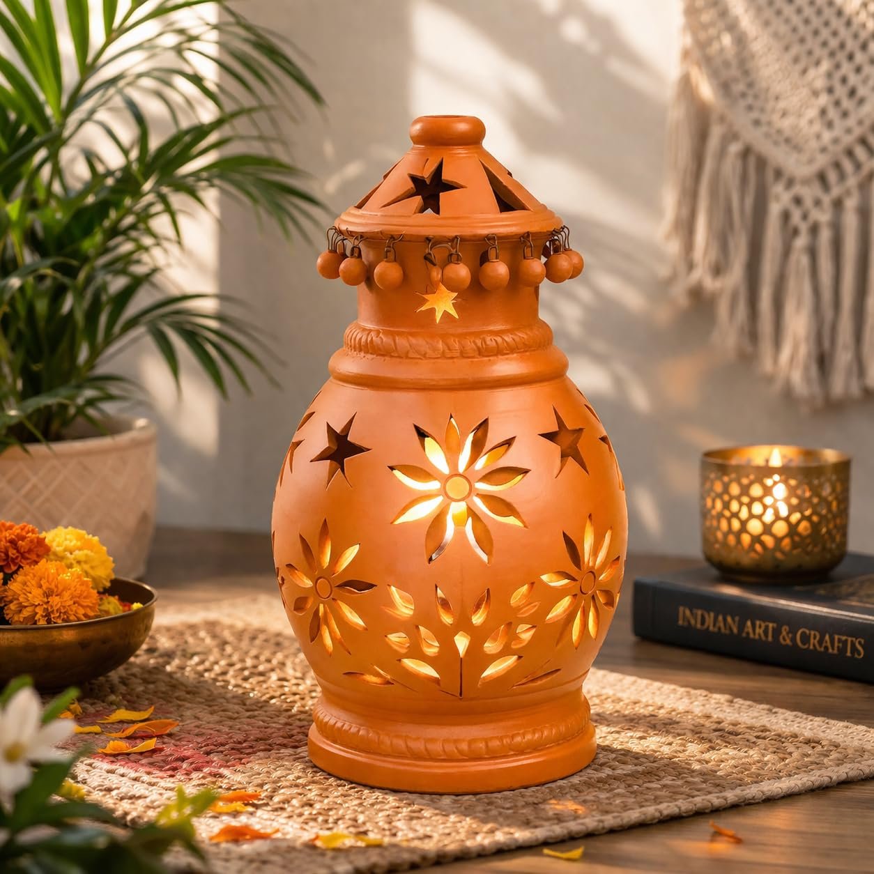 ShopMeFast Decorative Traditional Clay Terracotta Lantern, Hanging Lantern for Home Decor and Garden Decor (12 Inches)