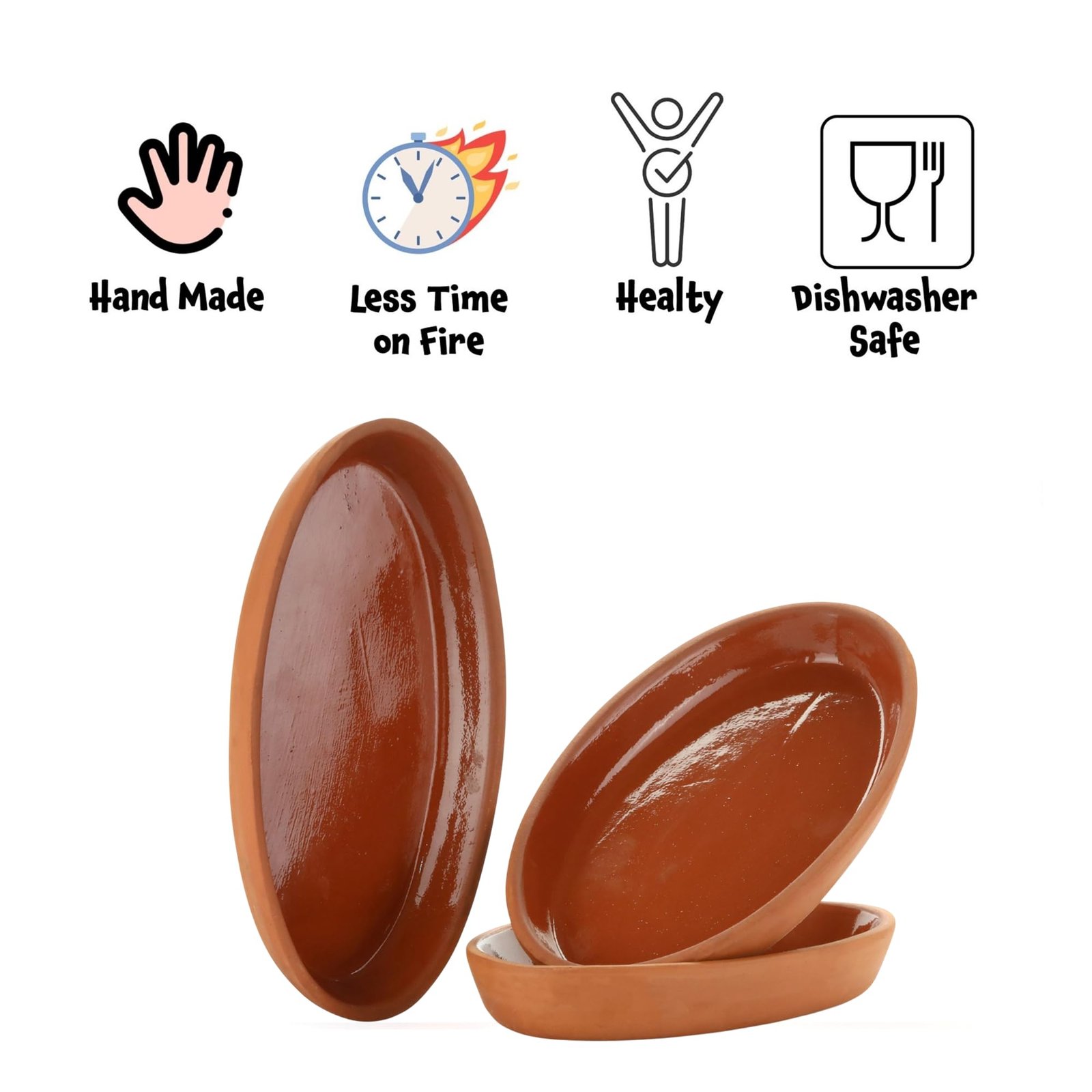 Areste Clay Pot for Cooking, Non Stick Mexican Clay Pots, Oven Safe and Dishwashable Terracotta Cooking Pots, Terracotta Clay Bowls for Food and Serving, Terracotta Plates (2 Round, 1 Ellipse) - Image 3