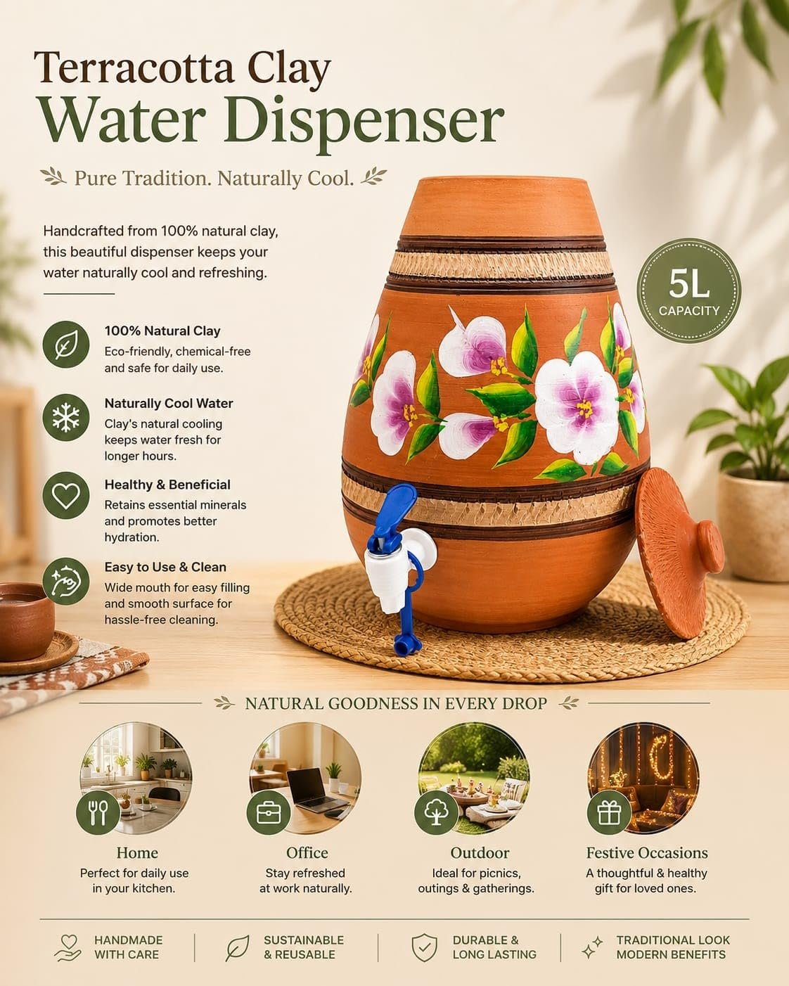 Gullak Terracotta Craft Handmade Terracotta Clay Water Dispenser with Tap, 5 Litre, Natural Earthen Water Pot for Home, Kitchen & Office, Brown - Image 2