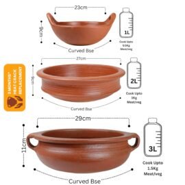 Earthen Handi with Handle | Clay Kadai | Clay Pot for Cooking | 1-2-3Liter | Handcrafted | Unglazed | Pre-Seasoned | Gas Stove Friendly