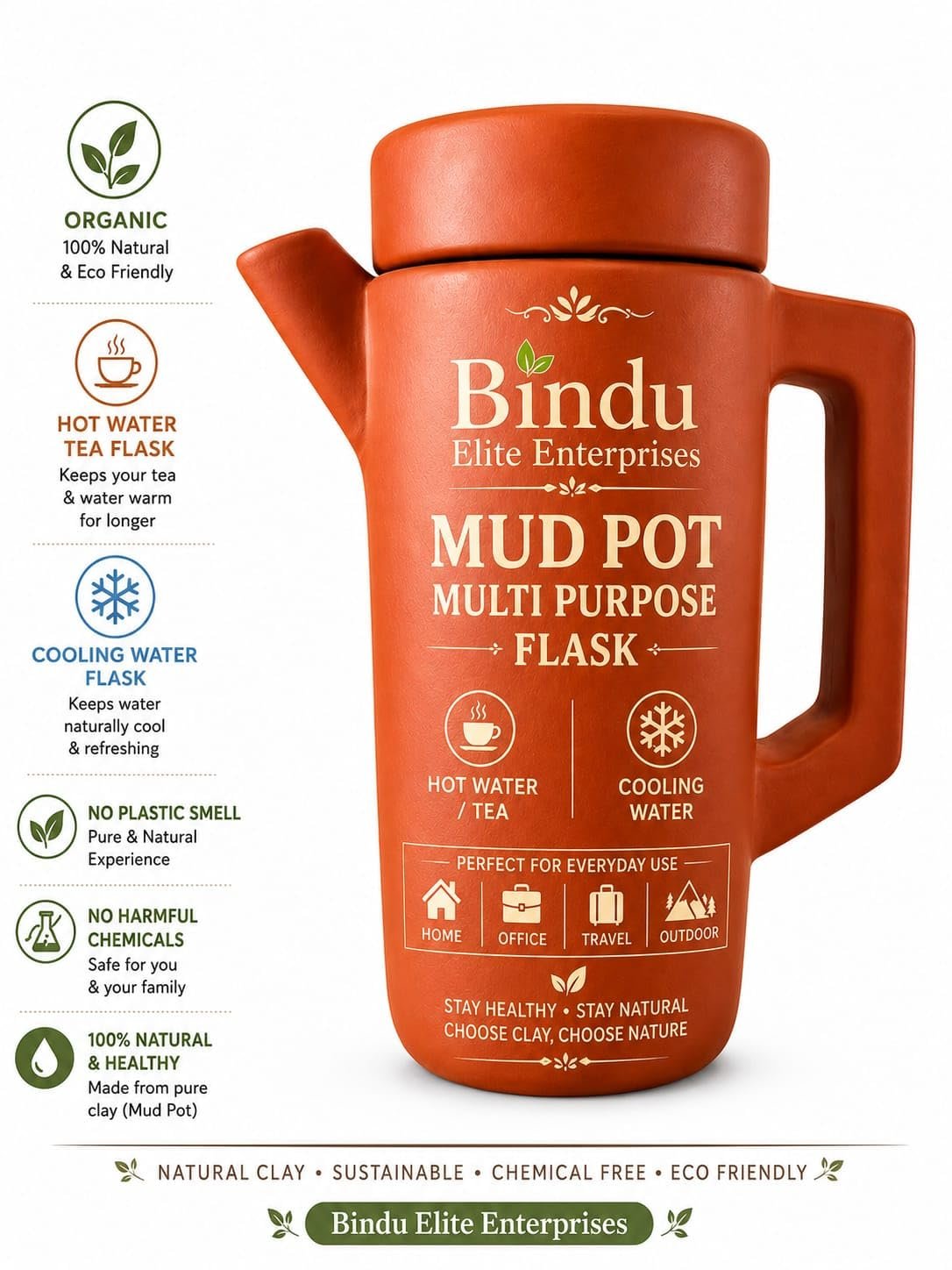 BINDU ELITE ENTERPRISES Natural Terracotta Multi Purpose Clay Flask with Lid&Handel|Natural Clay Matka WaterJug|Earthen Pot for Cool Drinking Water| Beverages|Eco-Friendly Terracota Mud Jug| - Image 2