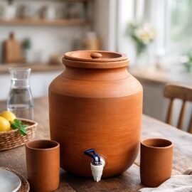 Clay Water Camper with 2 Glass Containers, Traditional Matka Style Earthen Dispenser, Handmade Natural Clay Pot for Drinking Water, Cool Water Storage Jug for Home, Kitchen (10 litres)