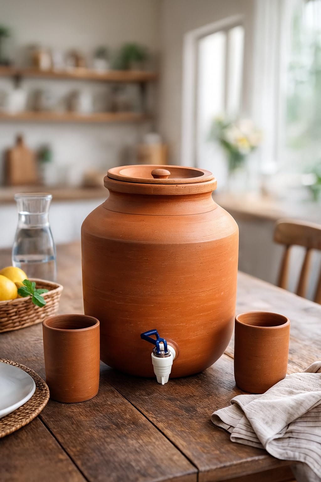 Clay Water Camper with 2 Glass Containers, Traditional Matka Style Earthen Dispenser, Handmade Natural Clay Pot for Drinking Water, Cool Water Storage Jug for Home, Kitchen (10 litres)