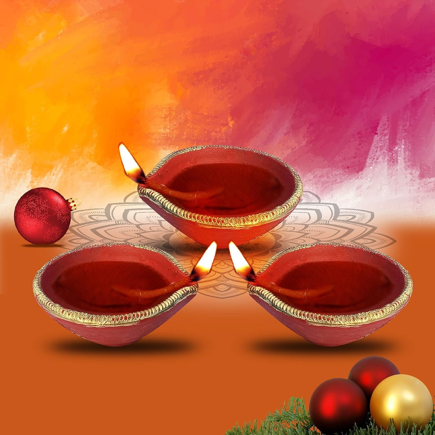 Pure Source India Traditional Handmade Earthen Clay Big Size Diya for Laxmi Poojan Multi Colour, 12 Pieces - Image 2