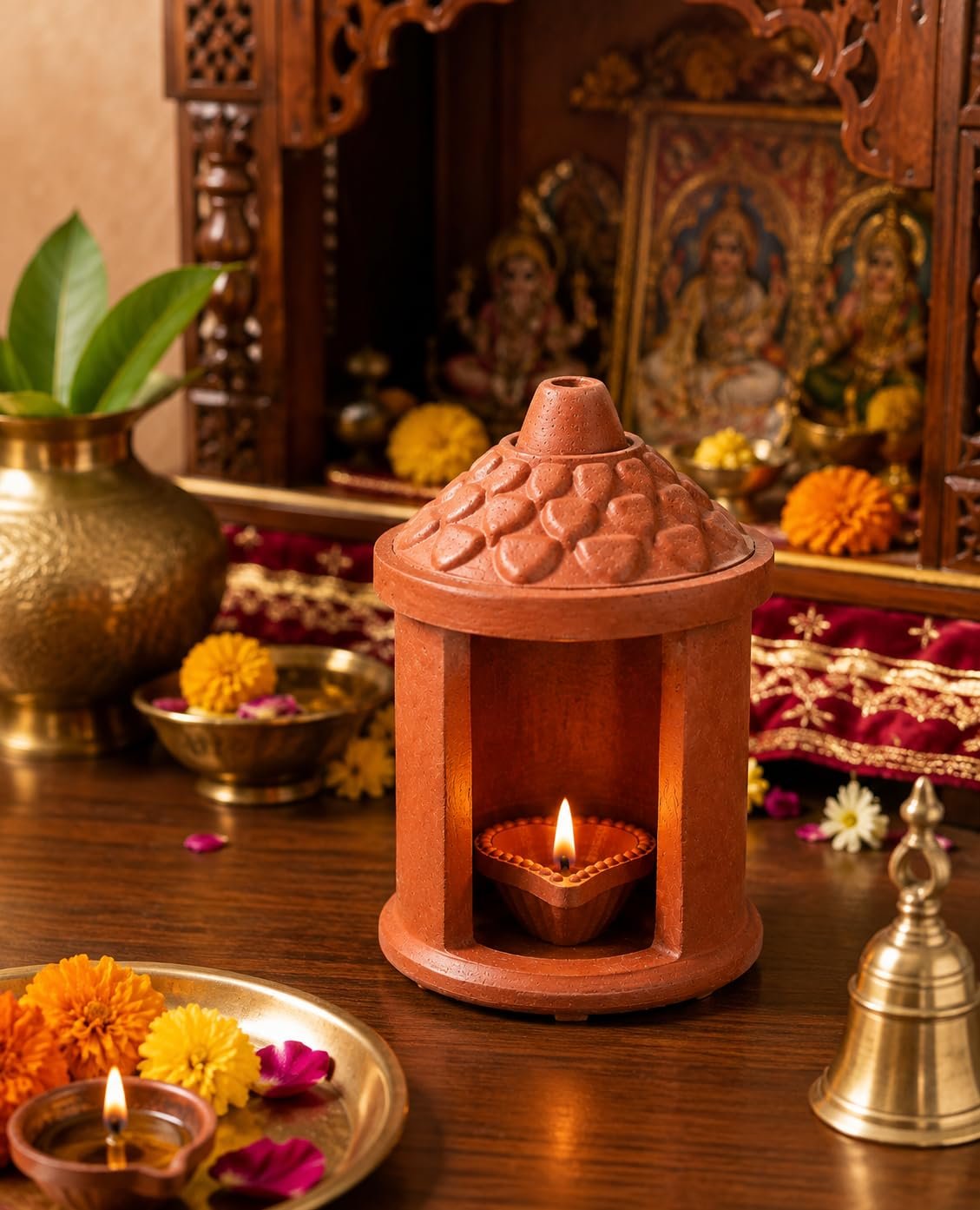 Crinkle Terracotta Temple Diya Holder with Heart-Shaped Diya - Image 2