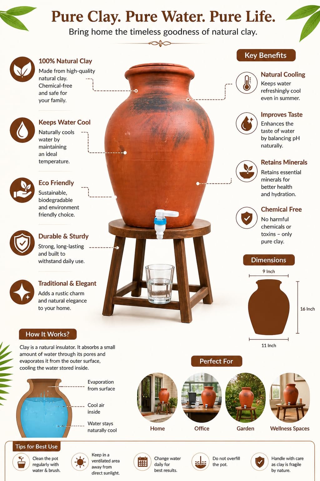 Laddugopal Handmade Earthen Clay Water Pot with Lid & 304 Stainless Steel tap - Image 4