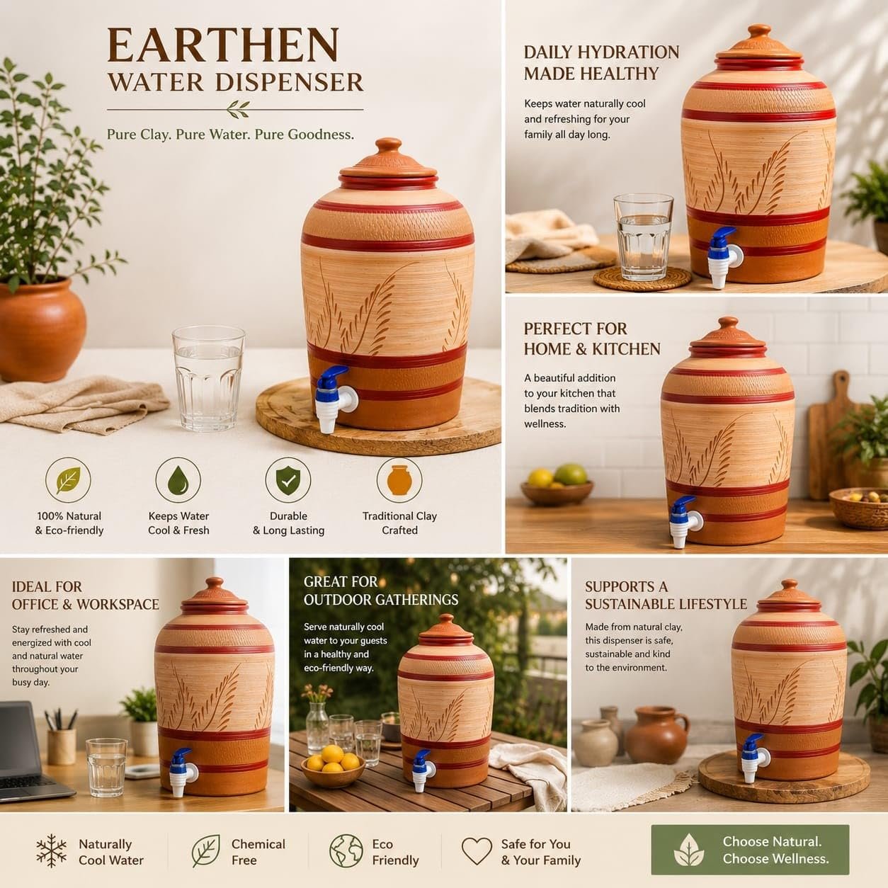 Gullak Terracotta Craft 8 Litre Earthen Water Dispenser with Tap and Lid | Handmade Terracotta Clay Matka | Natural Brown Water Pot for Home, Kitchen and Office - Image 3