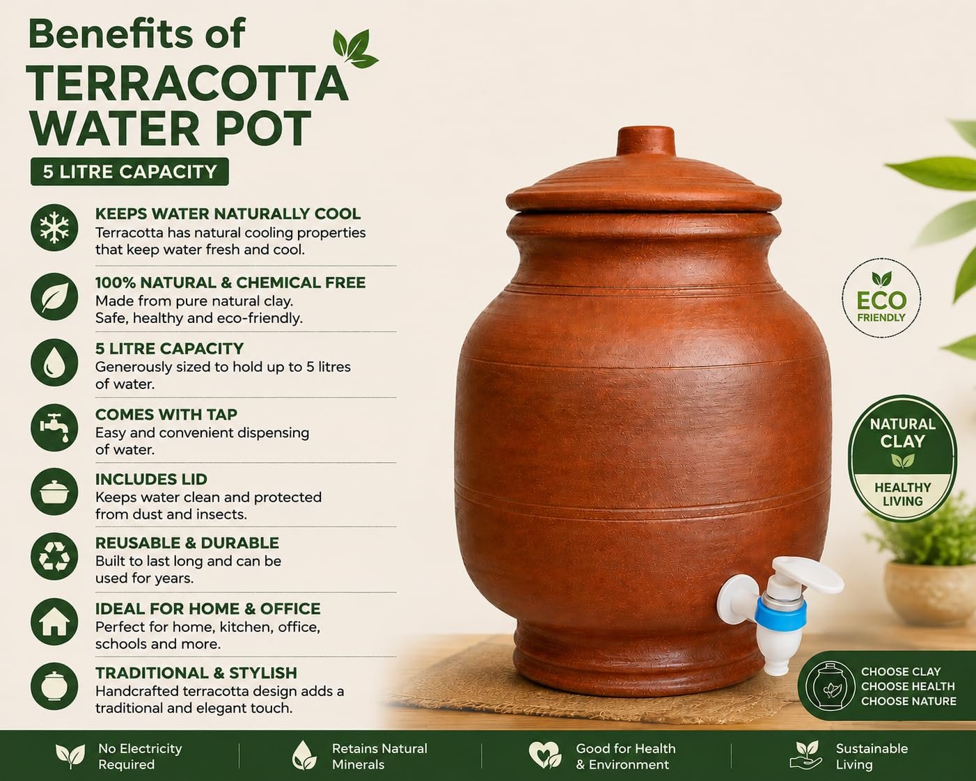 Handcrafted Terracotta Water Storage Pot with Tap, 5 Litre - Image 5