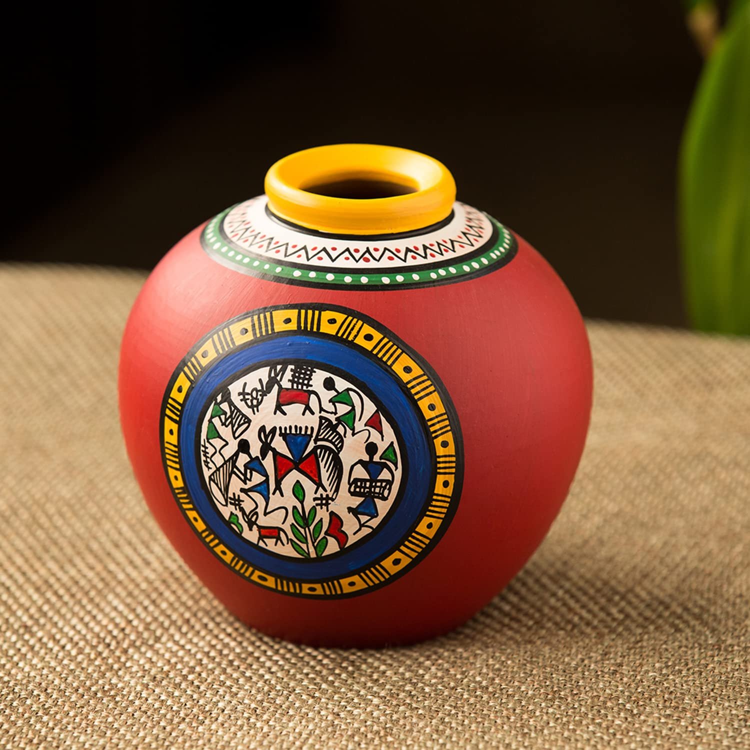 ExclusiveLane 6 Inch Terracotta Handpainted Warli Matki Shaped Flower Vase in Red - Flower Vases for Home Decor Flower Pots for Home Decoration Showpiece Office Décor Decorative Gift Item