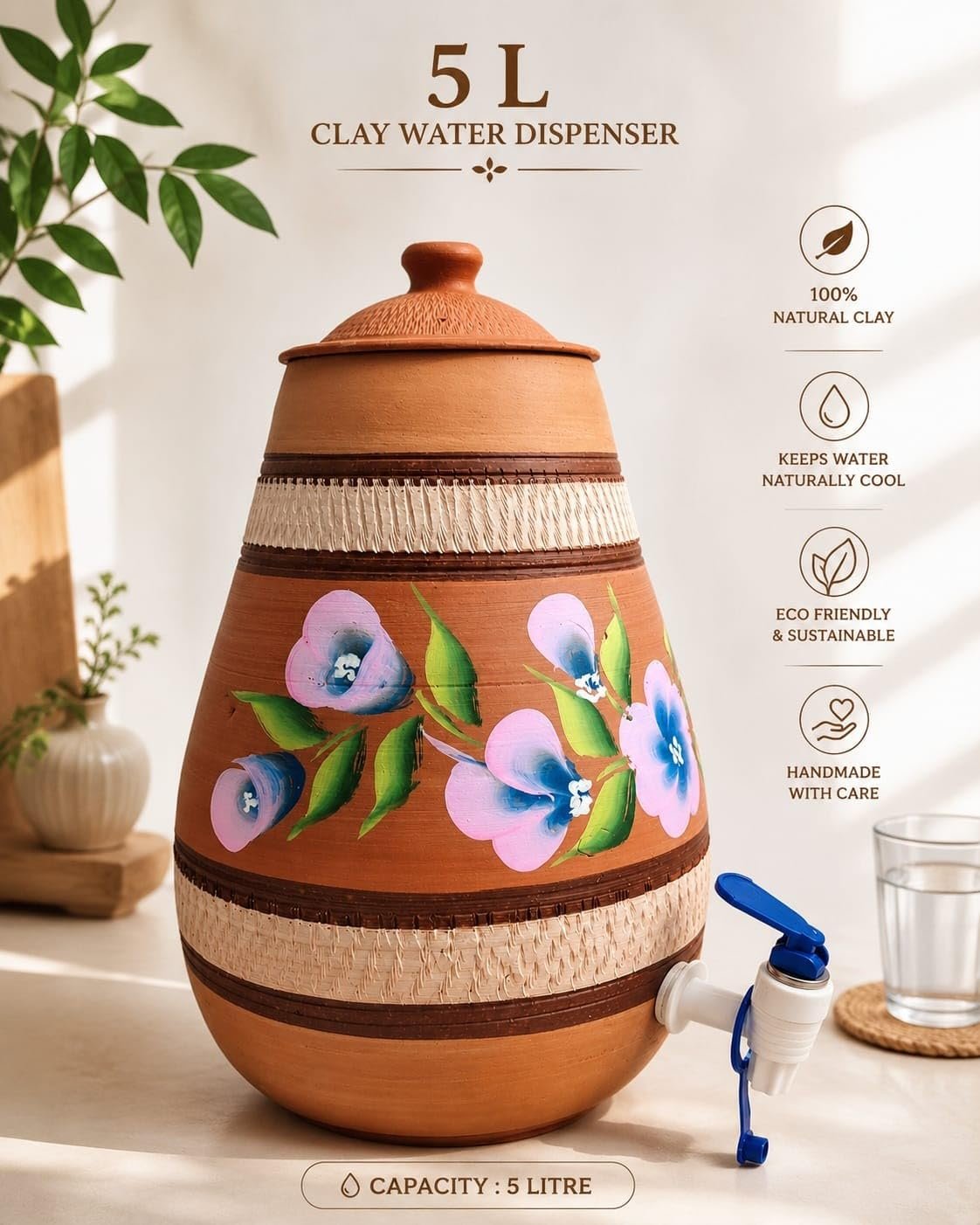 Gullak Terracotta Craft Handmade Terracotta Clay Water Dispenser with Tap | 5 Litre Natural Earthen Water Pot | Brown Water Dispenser for Home, Kitchen and Office - Image 2