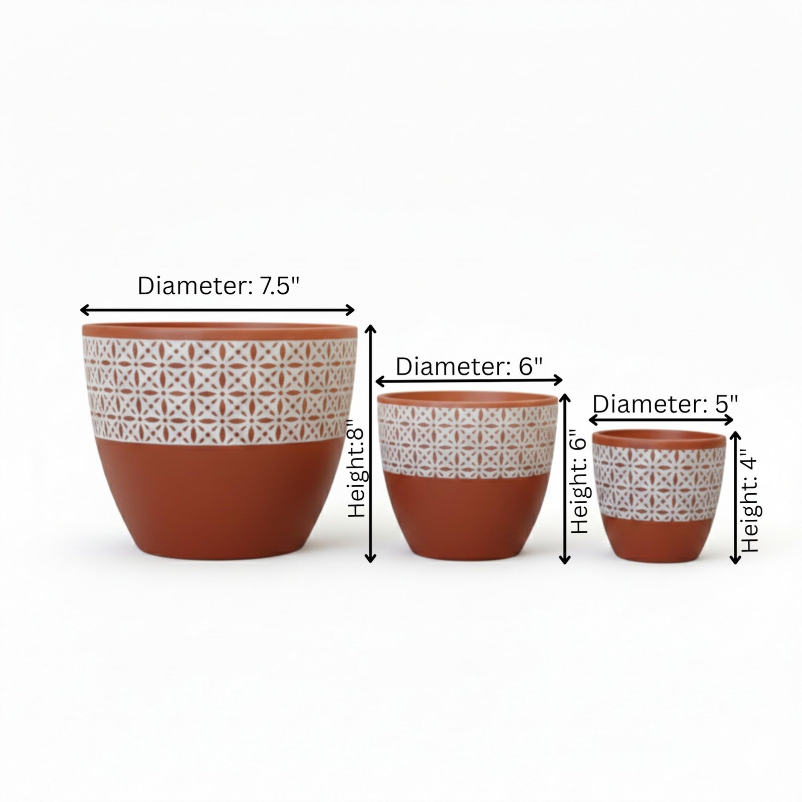 RESHA Interior & DECORTerracotta Pots for Plants Indoor Outdoor | Aarna -1 Hand Painted Terracotta Planter | Pot for Home, Balcony, Office & Garden (Terracotta Base + White Pattern, Set of 3) - Image 6