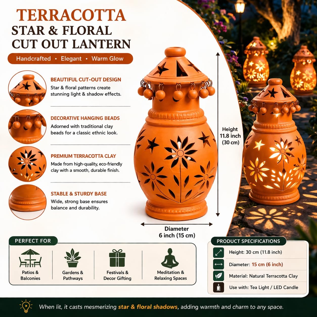 ShopMeFast Decorative Traditional Clay Terracotta Lantern, Hanging Lantern for Home Decor and Garden Decor (12 Inches) - Image 5
