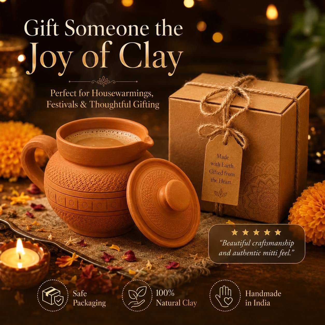 Handcrafted Terracotta Clay Milk Pot with Lid & Handle | Traditional Earthenware Doodh Patila for Serving | Natural Mitti Pot, Eco-Friendly, Heat Resistant | 400ml Capacity - Image 7