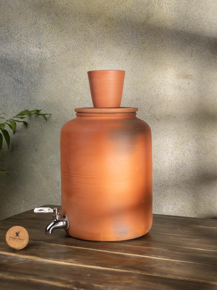 Village Decor Clay Water Pot with Lid (Pre-Seasoned) & 304 Stainless Steel tap (Pot) 6000 ML