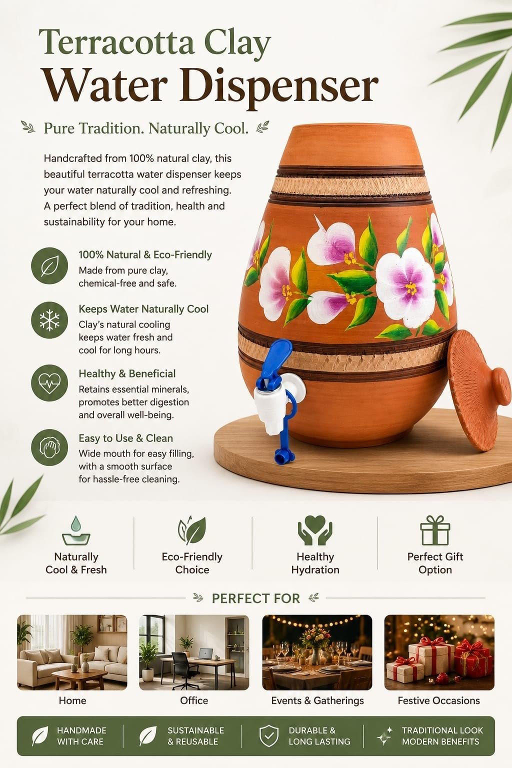 Gullak Terracotta Craft Handmade Terracotta Clay Water Dispenser with Tap, 5 Litre, Natural Earthen Water Pot for Home, Kitchen & Office, Brown - Image 4
