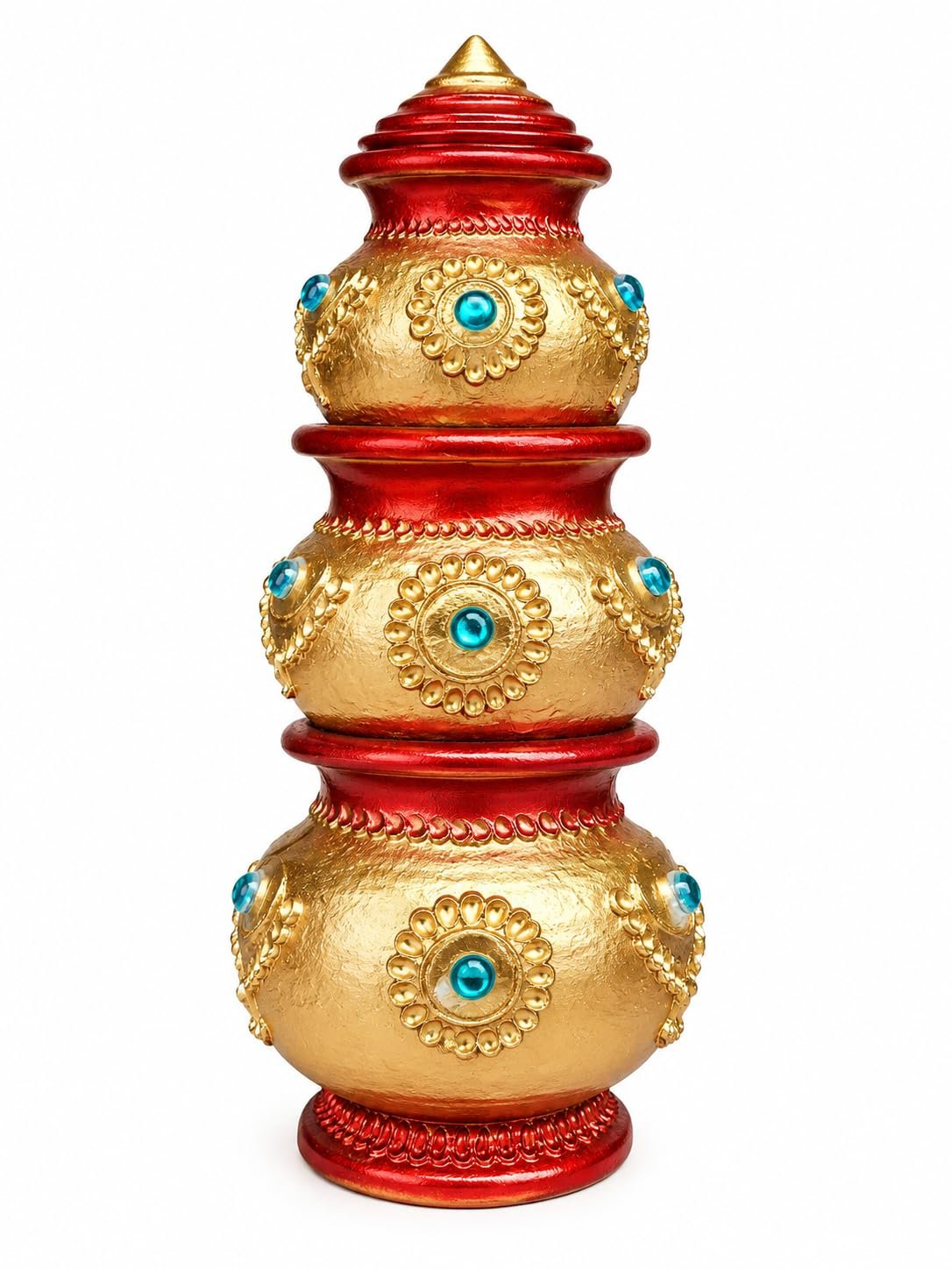 Terracotta Handpainted Divine Clay Kubera Lakshmi Pot Set with Lid | Set of 3 Handmade Terracotta Kubera Paanai | Clay Kubera Pot for Lakshmi Kubera Puja, Pooja Room, Home Temple Decor