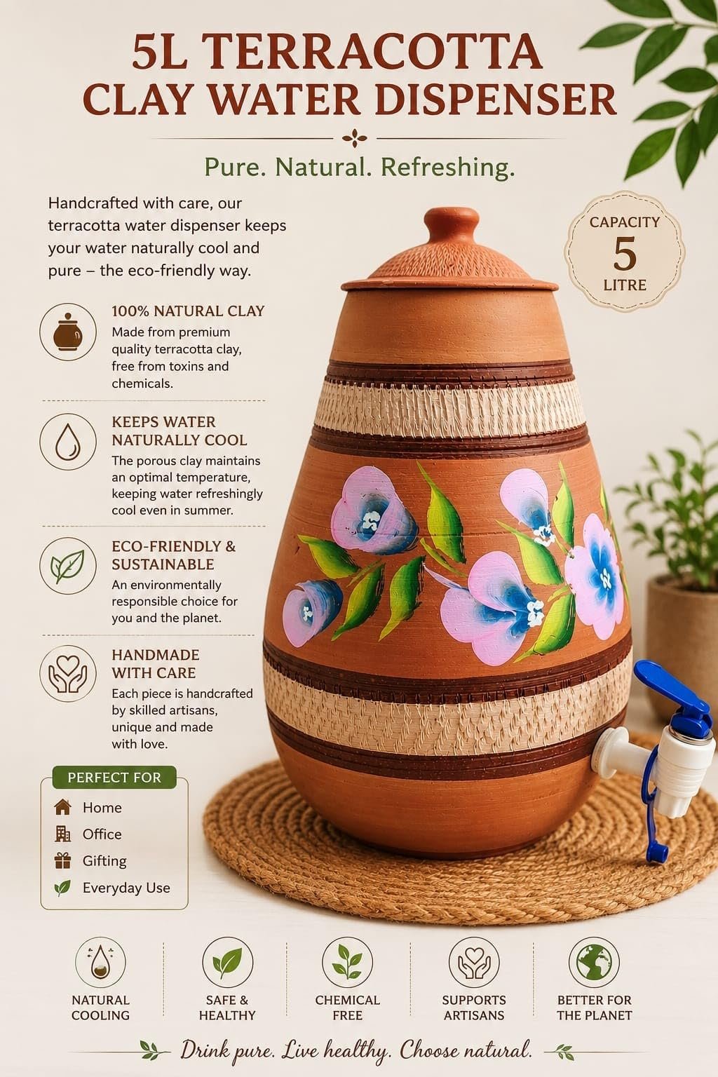 Gullak Terracotta Craft Handmade Terracotta Clay Water Dispenser with Tap | 5 Litre Natural Earthen Water Pot | Brown Water Dispenser for Home, Kitchen and Office - Image 4