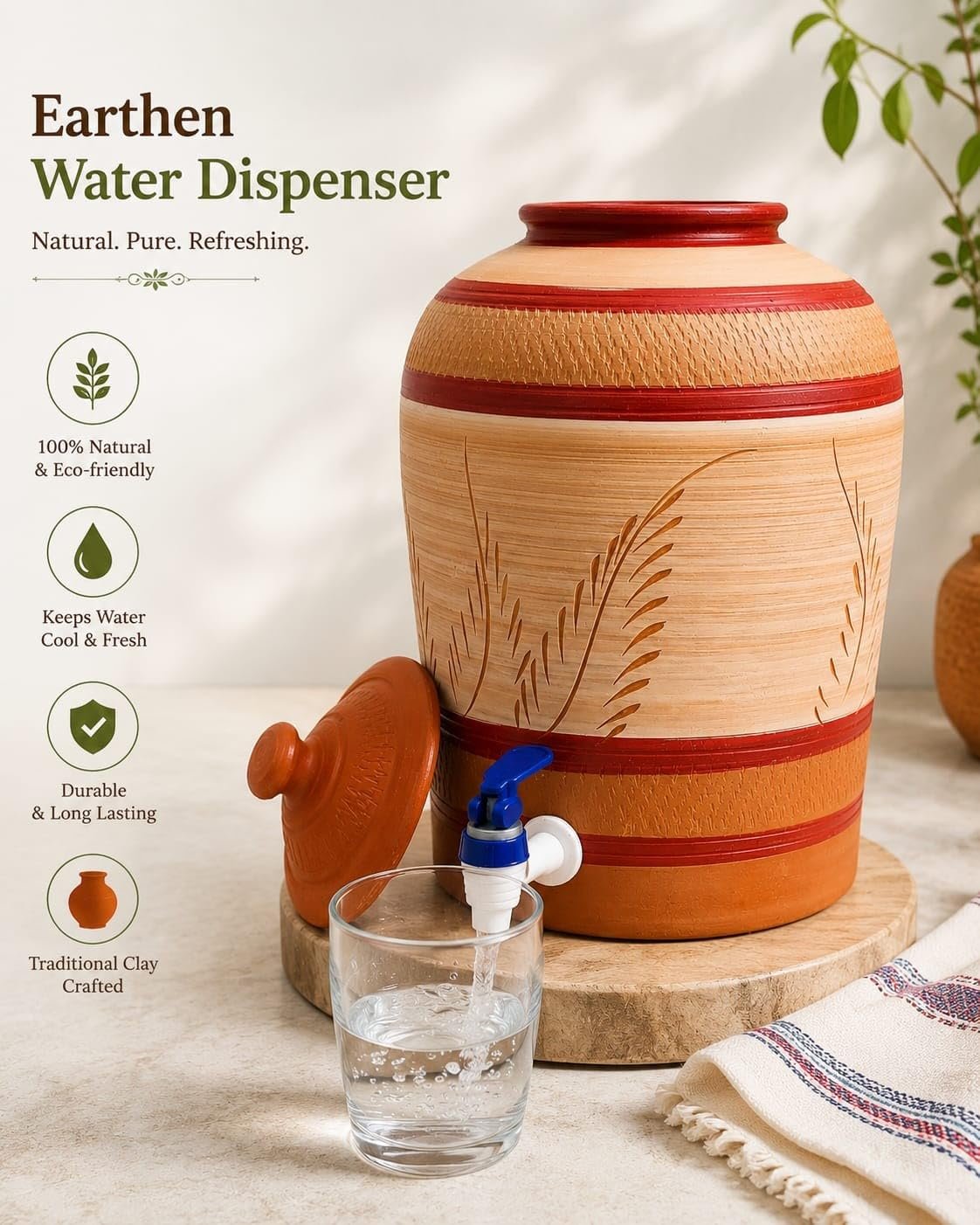 Gullak Terracotta Craft 8 Litre Earthen Water Dispenser with Tap and Lid | Handmade Terracotta Clay Matka | Natural Brown Water Pot for Home, Kitchen and Office - Image 5