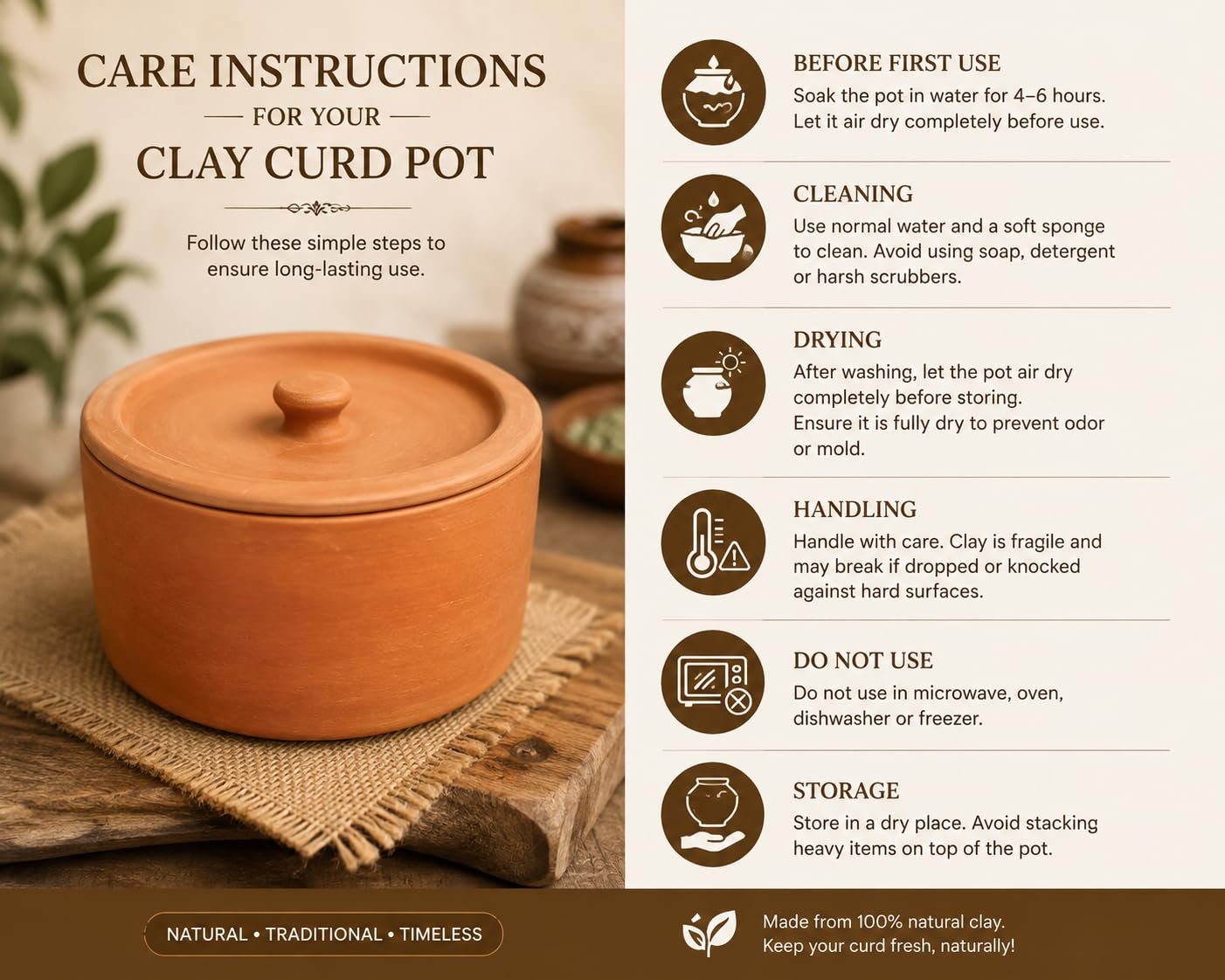 Desi Potters Handmade Flat Dhai Handi Natural Clay Curd Pot | Traditional Unglazed Terracotta Yogurt Maker | Earthen Mitti Bowl for Setting Curd, Serving, Fermentation & Kitchen Use - Image 5