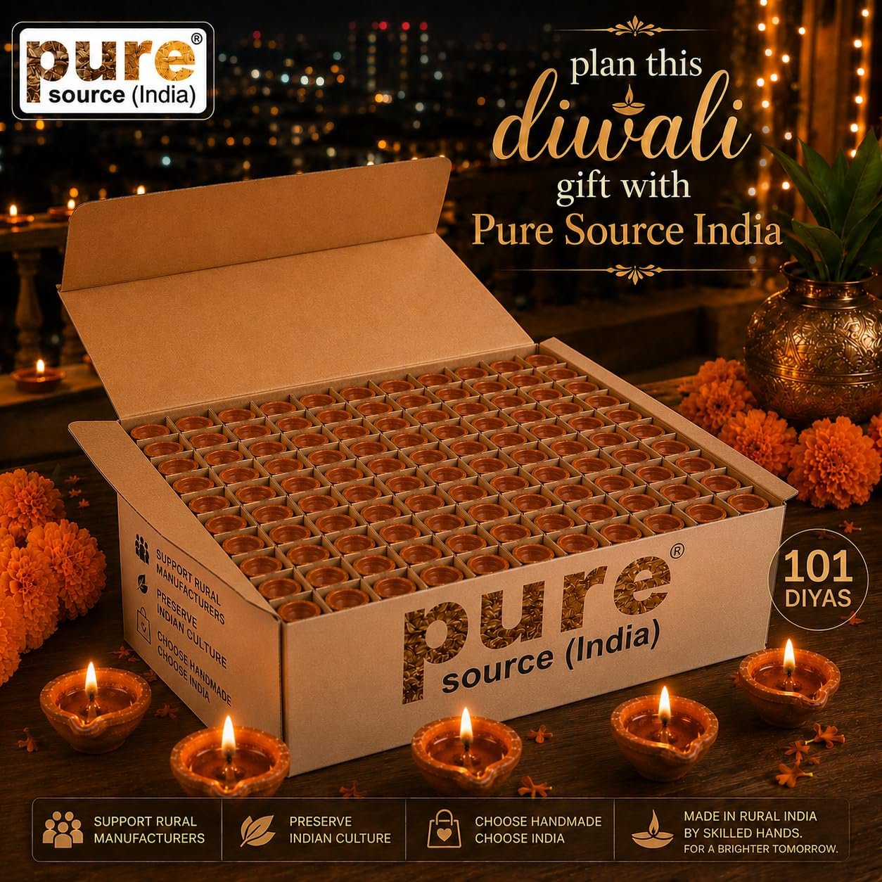 Pure Source India Natural Clay Traditional Diwali Ke Diye | Earthen Clay Diya | Mitti Ka Diva | Diyas for Pooja (101pcs) - Image 9