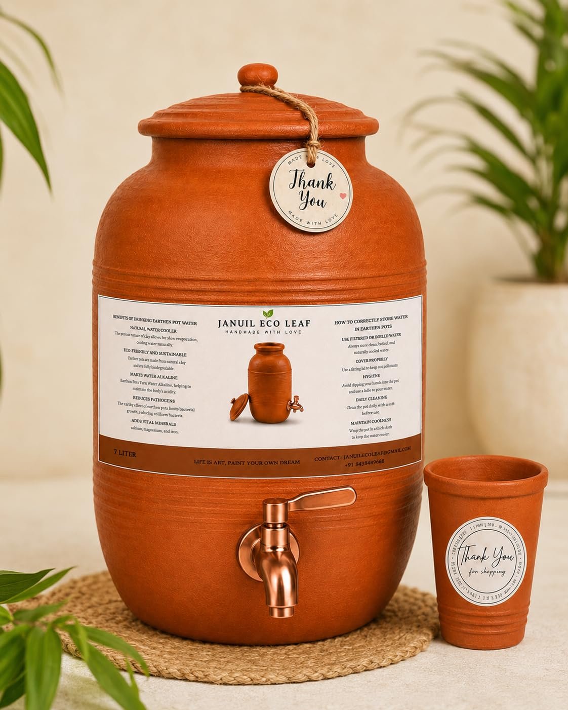 JANUIL ECO Leaf Heritage Reserve Terracotta Earthen Clay Water Pot with Glass | Promotes a Traditional Lifestyle | Handmade Using 100% Natural Terracotta Clay | Copper Tap | 7000 ML Capacity