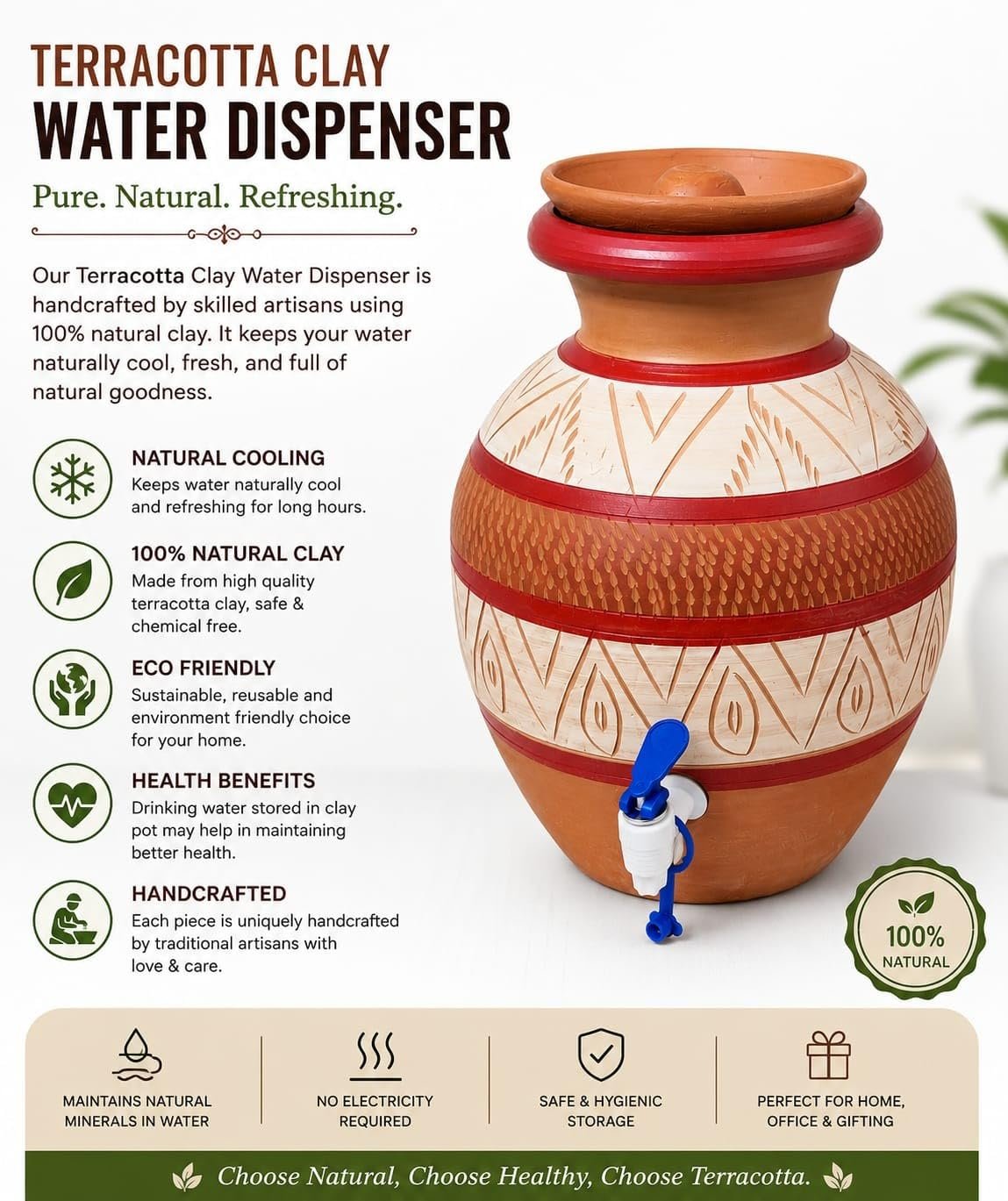 Gullak Terracotta Craft 5 L Terracotta Clay Water Dispenser with Lid & Tap | Handmade Earthen Water Pot | Natural Cooling | Chemical Free | Brown - Image 2