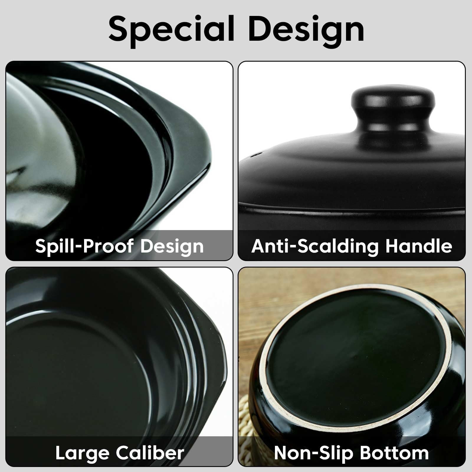 BSONEDO 1.9-Quarts Clay Pot for Cooking with Lid for Cooktop, Black Ceramic - Image 4