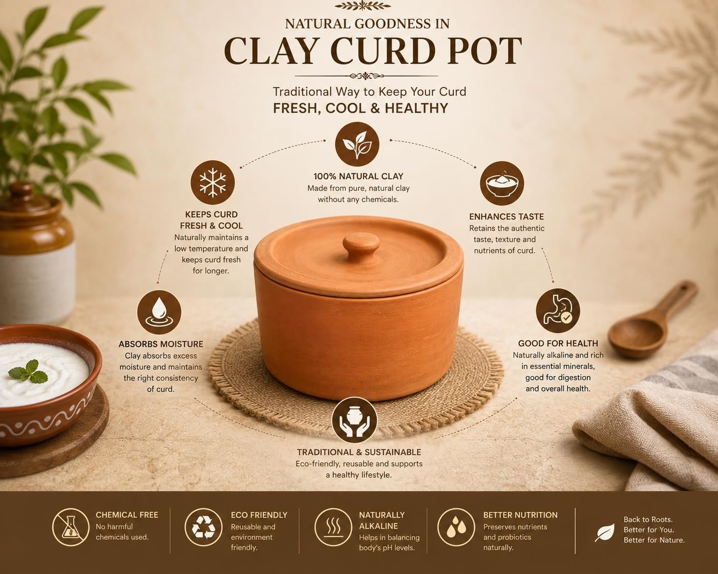 Desi Potters Handmade Flat Dhai Handi Natural Clay Curd Pot | Traditional Unglazed Terracotta Yogurt Maker | Earthen Mitti Bowl for Setting Curd, Serving, Fermentation & Kitchen Use - Image 3