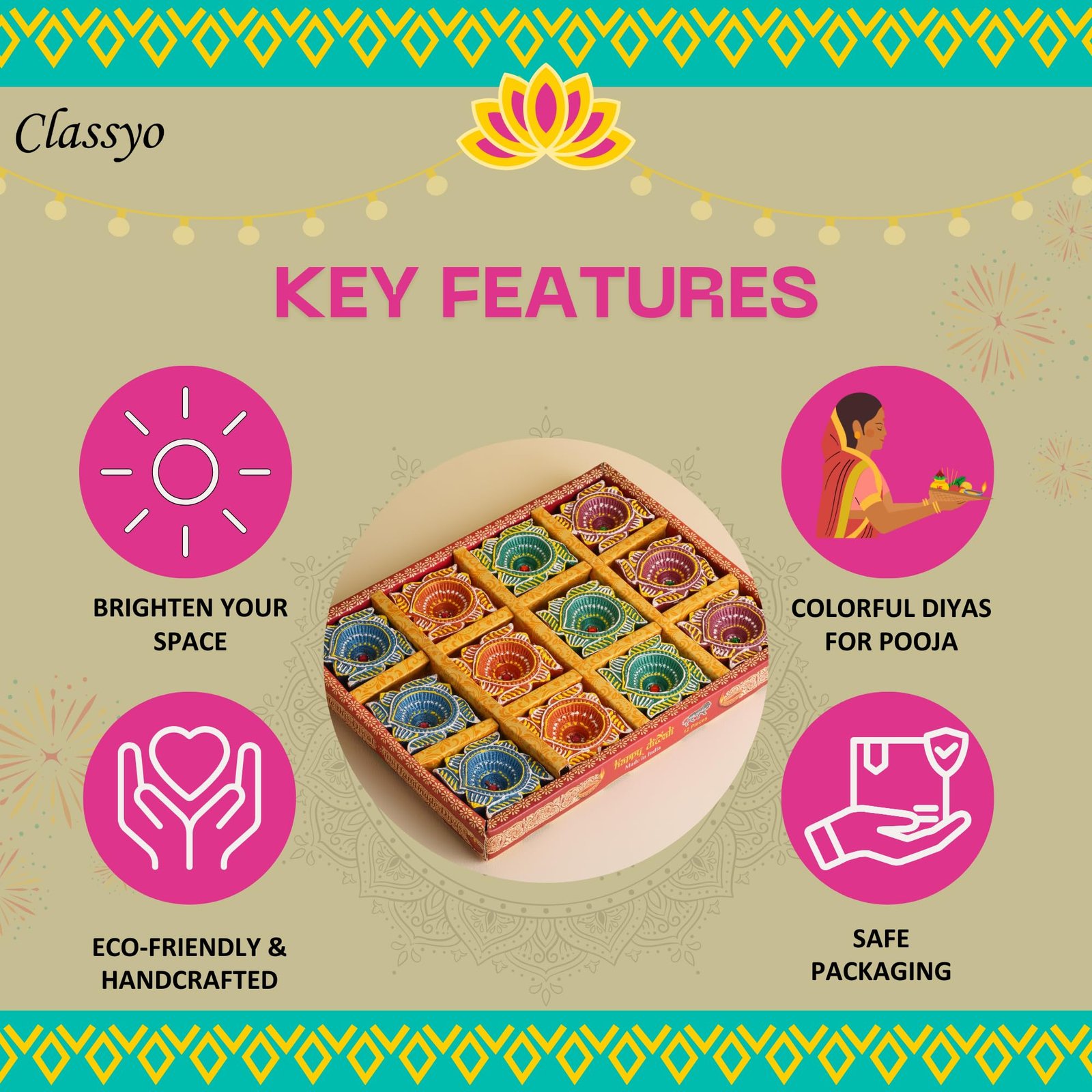 Classyo Mitti Diya Handmade Clay Diyas for Puja - Colourful Diyas for Diwali Decoration, Hand Painted Diwali Diya & Festive Celebrations (Set of 12) - Image 4