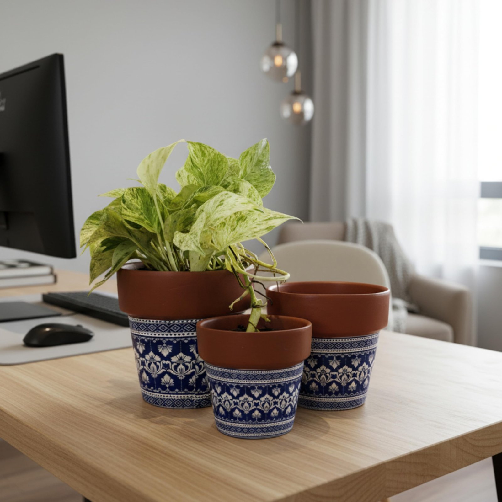 RESHA INTERIOR & DECORTerracotta Pots for Plants Indoor Outdoor | JODHPURE Hand Painted Terracotta Planter | Pot for Home, Balcony & Garden (Terracotta Base + Jodhpur Blue with White Floral, Set of 3) - Image 5
