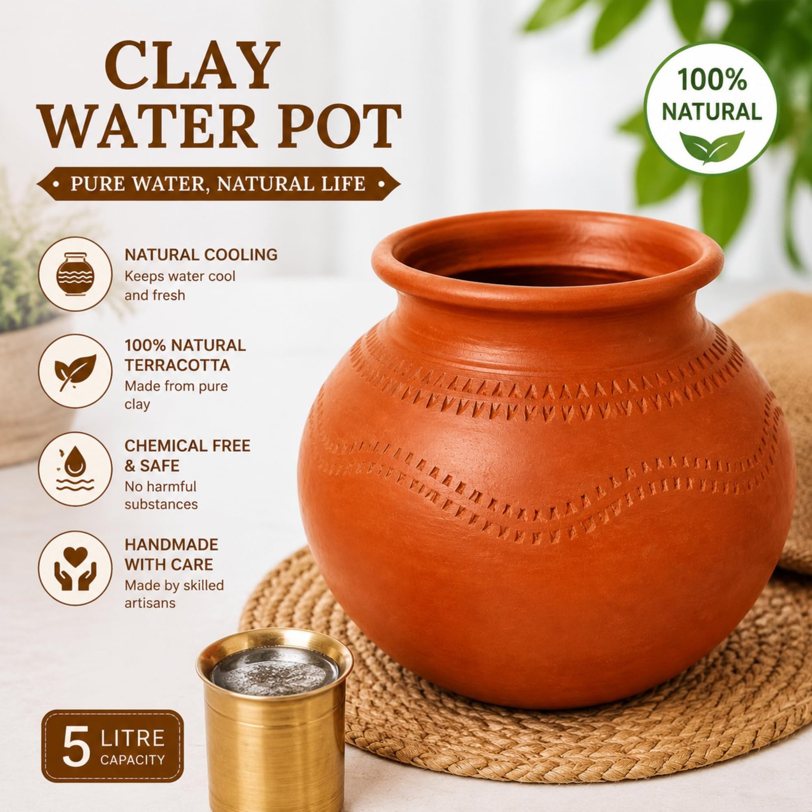 5 Litre Clay Water Pot for Drinking | Natural Earthen Matka | Keeps Water Cool | Healthy Traditional Mud Pot | Eco-Friendly Terracotta Water Storage Pitcher for Home & Kitchen - Image 4