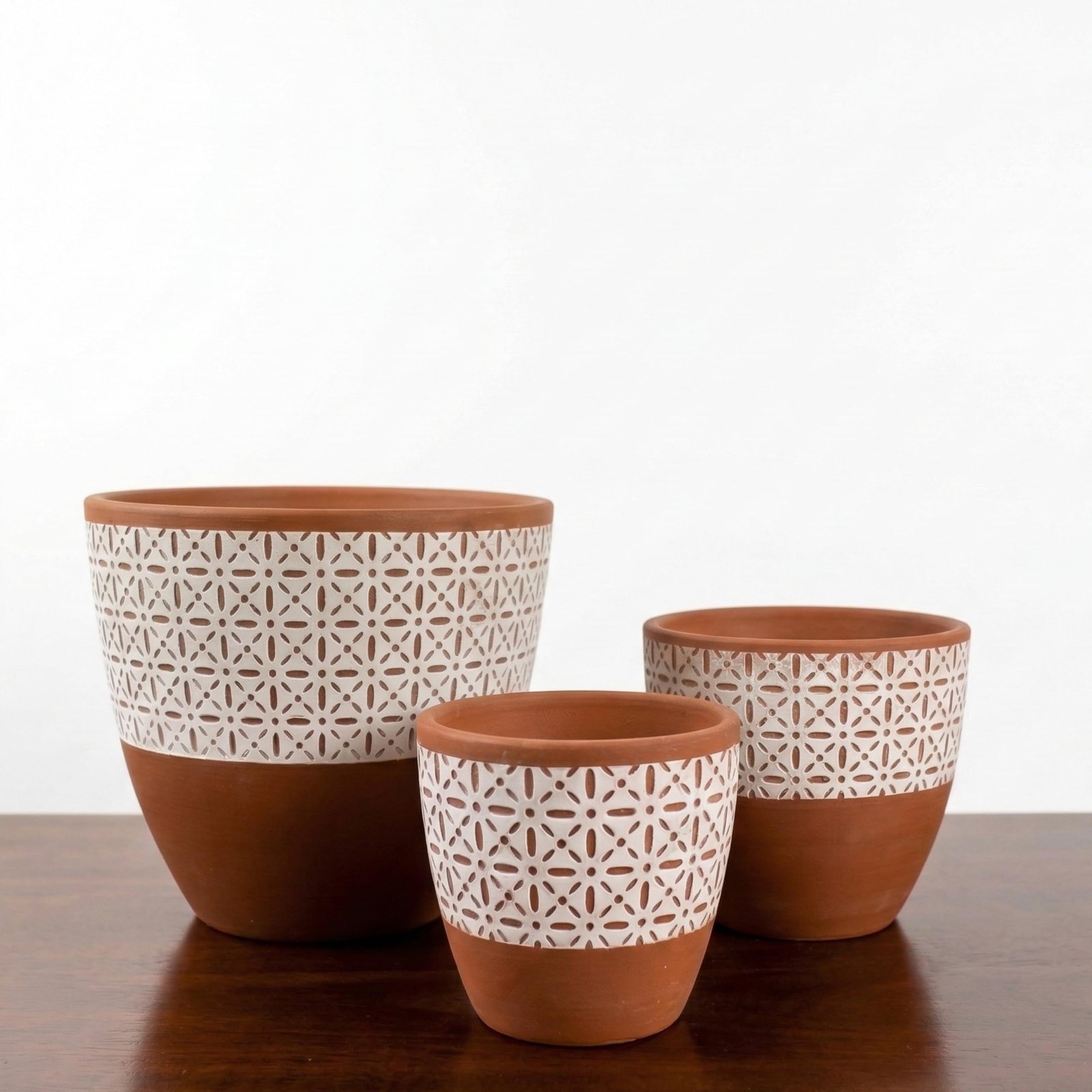 RESHA Interior & DECORTerracotta Pots for Plants Indoor Outdoor | Aarna -1 Hand Painted Terracotta Planter | Pot for Home, Balcony, Office & Garden (Terracotta Base + White Pattern, Set of 3)