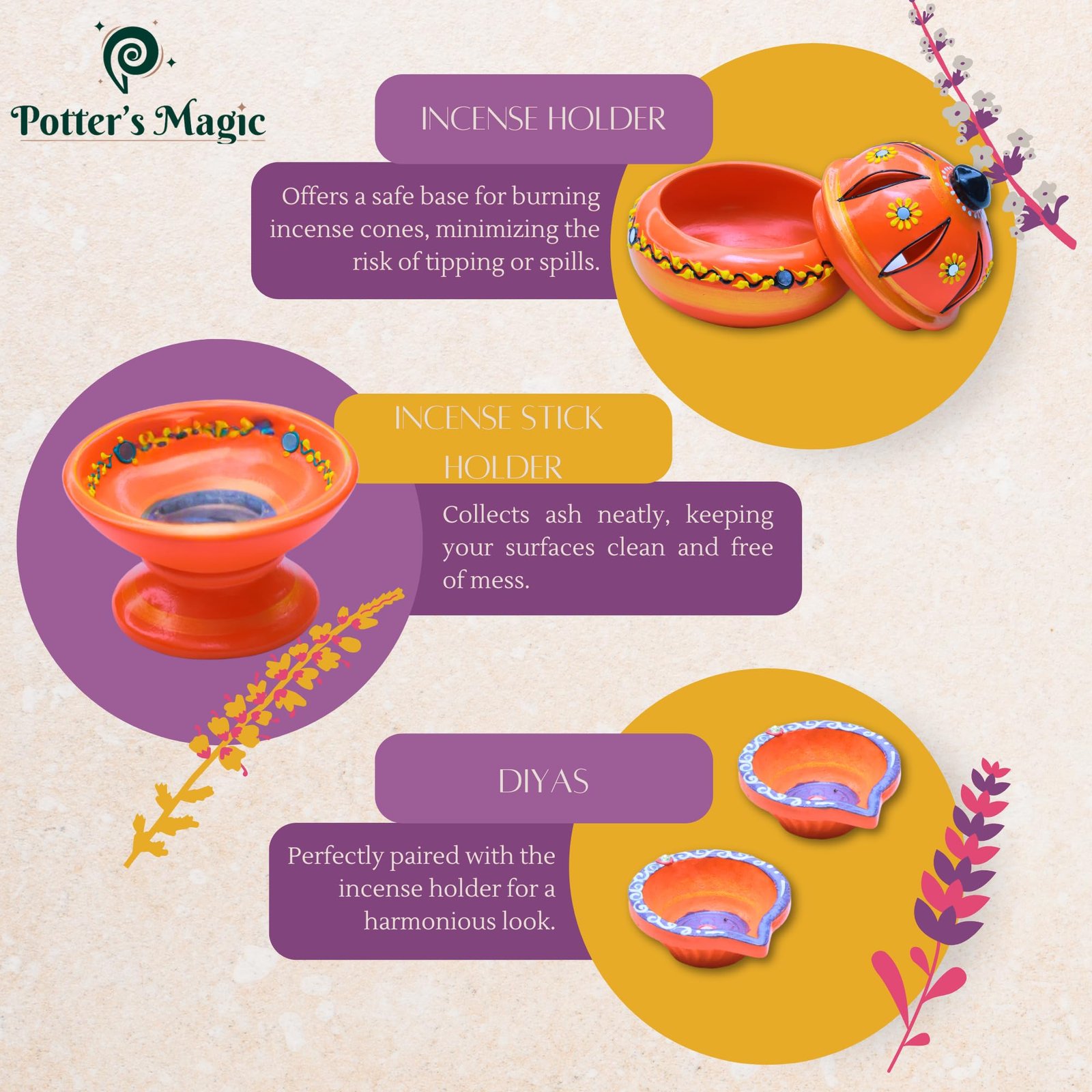Potter’s Magic Clay Dhoopam Holder, Incense Holder with Diya 2 Nos Hand Painted | Teracotta Dhoop Dhani/Sambrani, Agarbhathi Holder | House Warming Gifts | Pooja Room Decoration Items (Orange) - Image 3