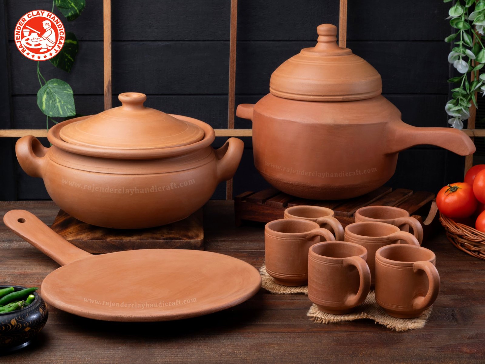 Handmade Mitti Cookware Combo Set | Cooker 4L, Kadhai 3L, Natural Handle Tawa, 6 Cups 150ml | Ideal for 4-6 Members | Eco-Friendly & Traditional Clay Pots for Healthy Cooking & Authentic Taste - Image 2