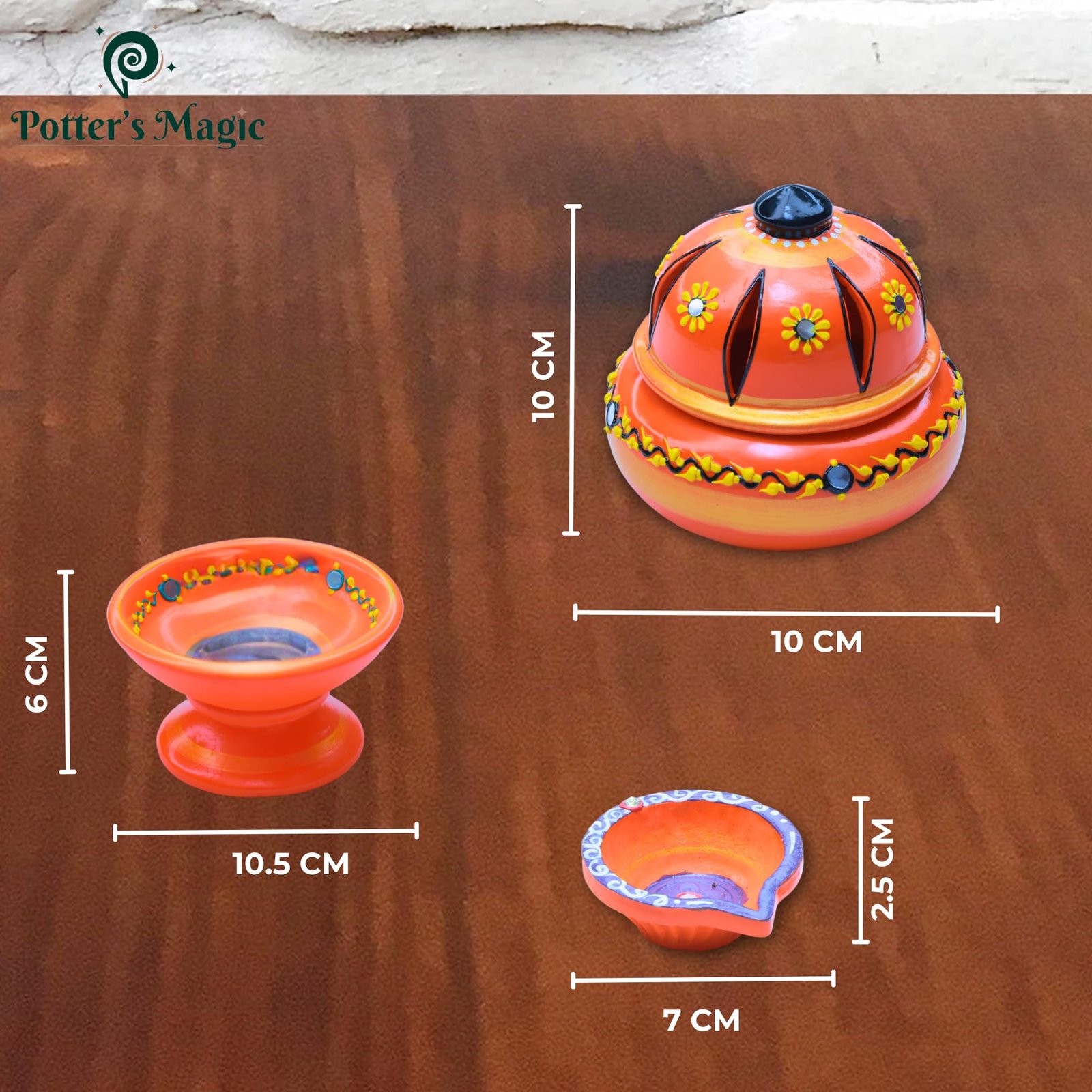Potter’s Magic Clay Dhoopam Holder, Incense Holder with Diya 2 Nos Hand Painted | Teracotta Dhoop Dhani/Sambrani, Agarbhathi Holder | House Warming Gifts | Pooja Room Decoration Items (Orange) - Image 5